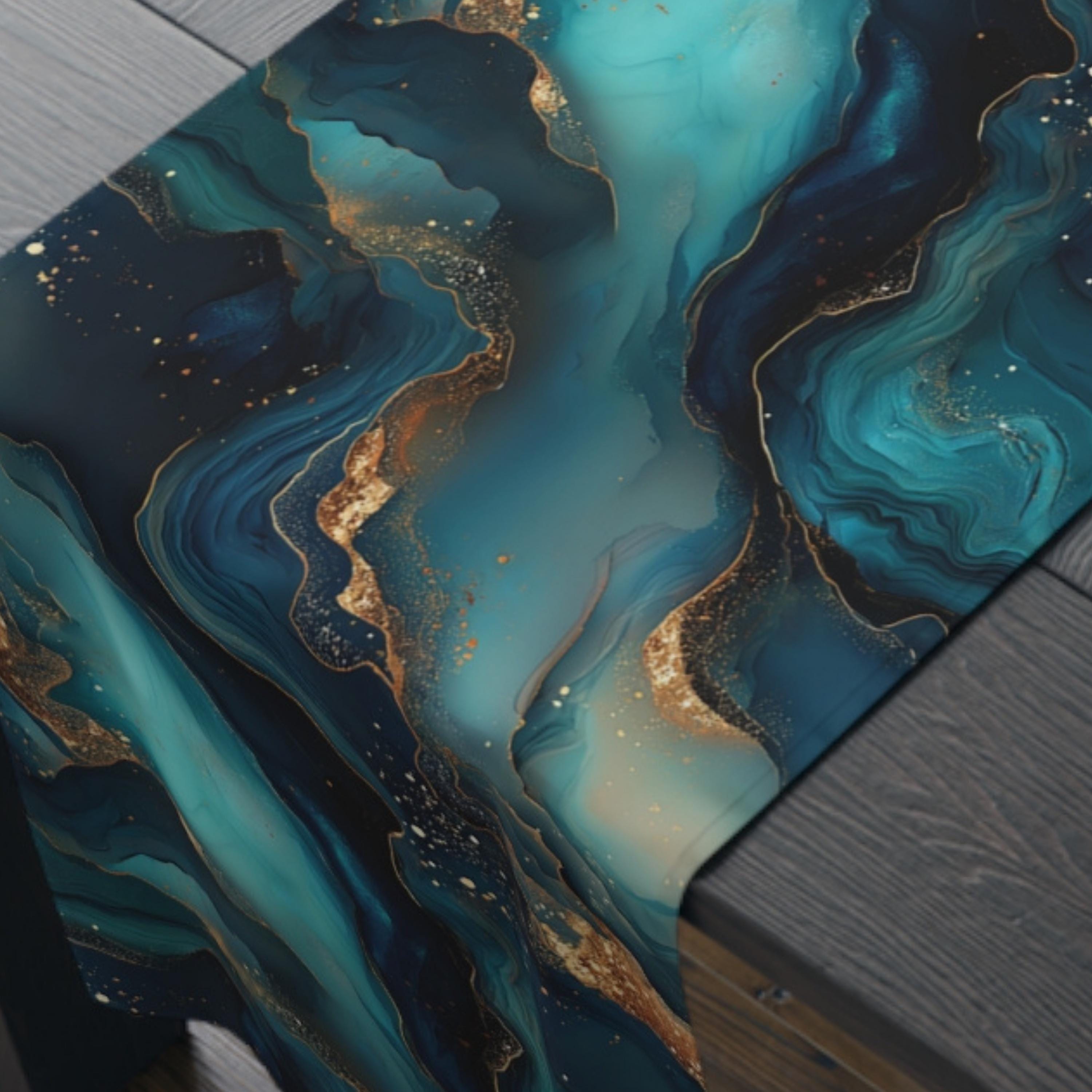 Modern Abstract Ocean Waves Table Runner: Teal, Navy and Gold Coastal Luxe Decor