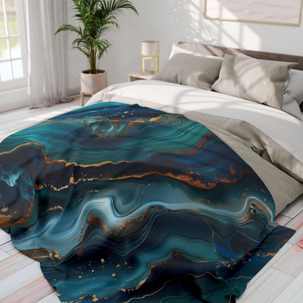 Ocean Waves Fleece Throw: Teal Navy & Gold Accent Blanket