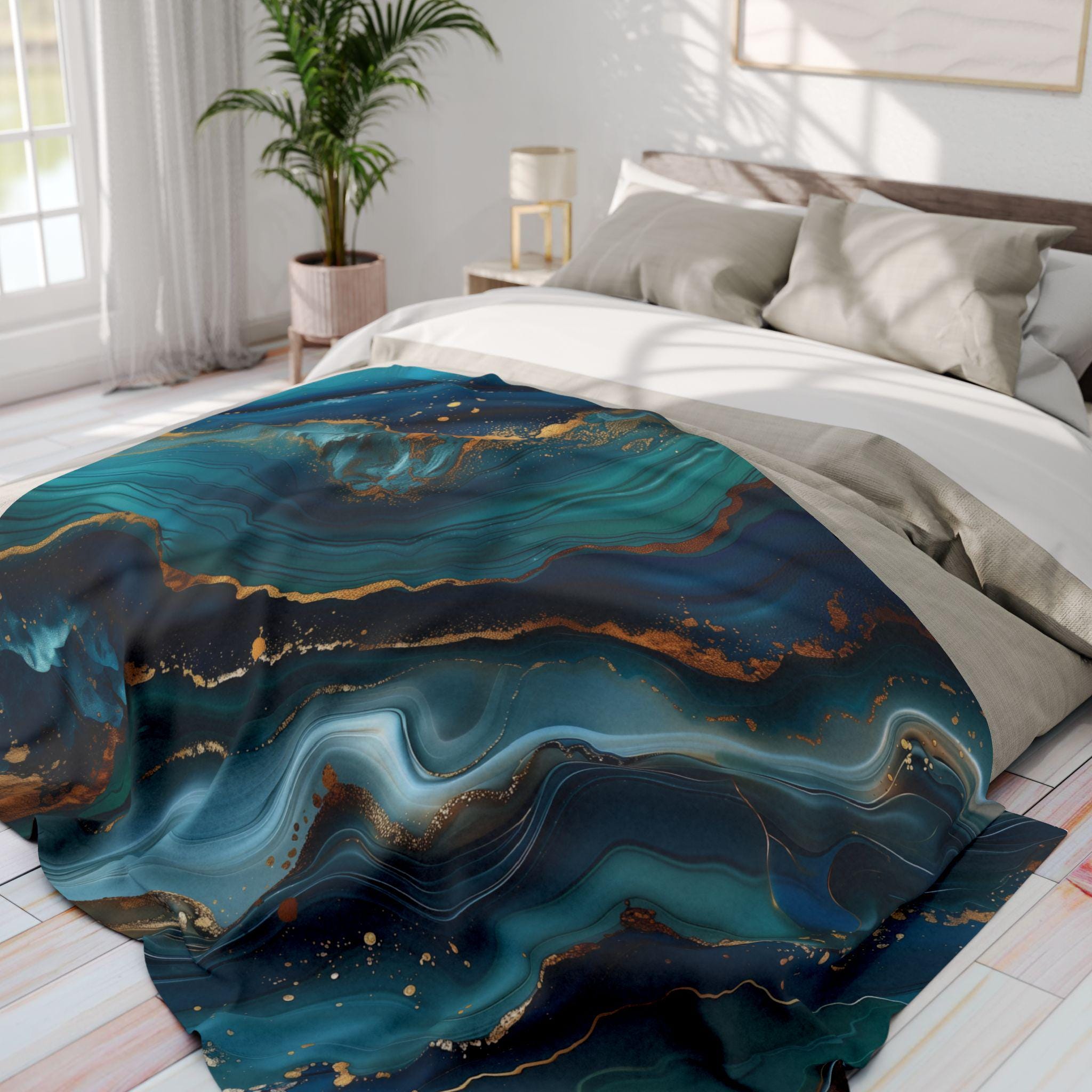 Ocean Waves Fleece Throw: Teal Navy & Gold Accent Blanket