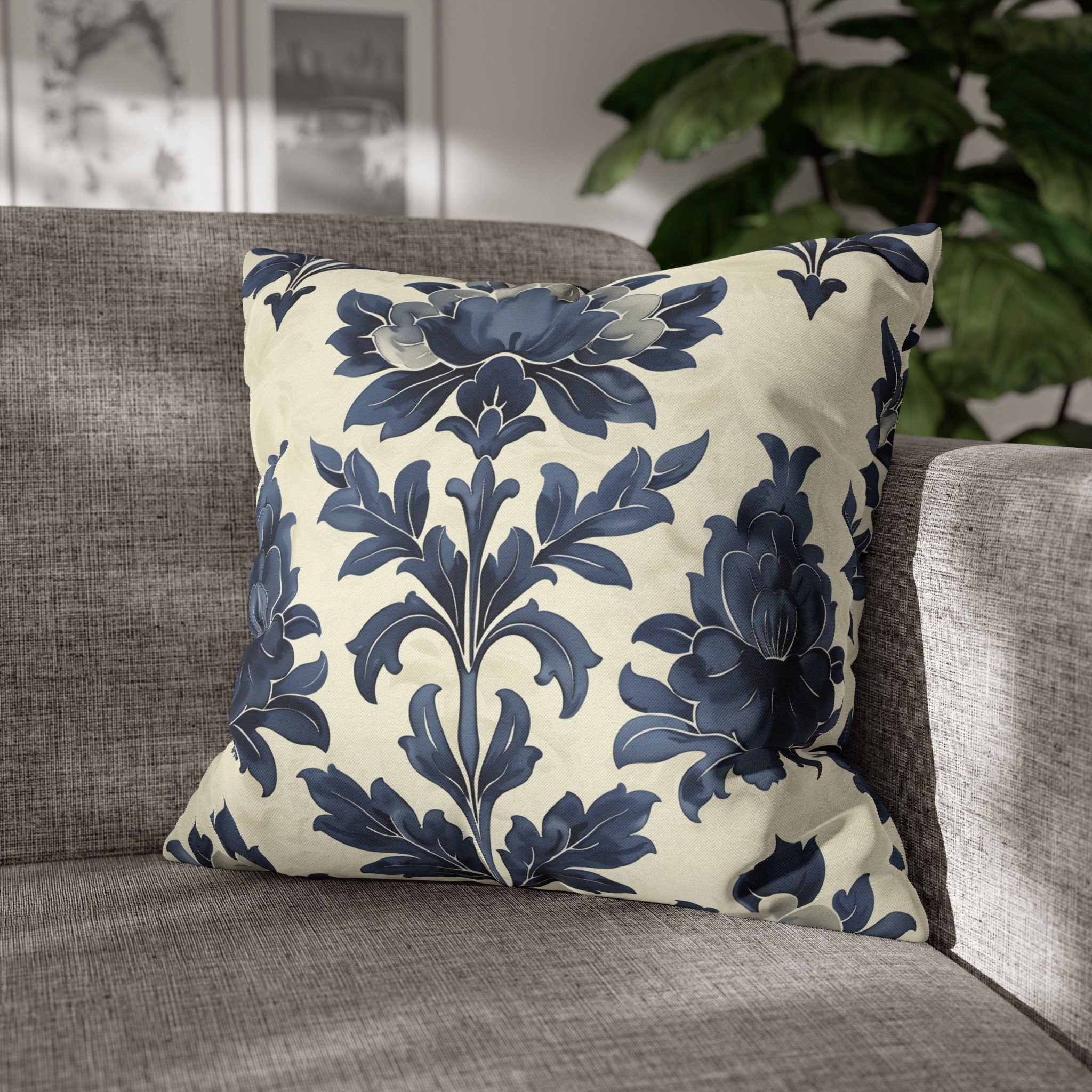 Elegant Blue Floral Damask Throw Pillow Cover: French Country Farmhouse Cottagecore Vintage Decor