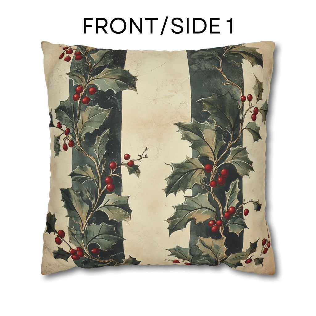 Holly & Stripes Pillow Cover: Vintage Style Christmas Botanical Holiday Accent