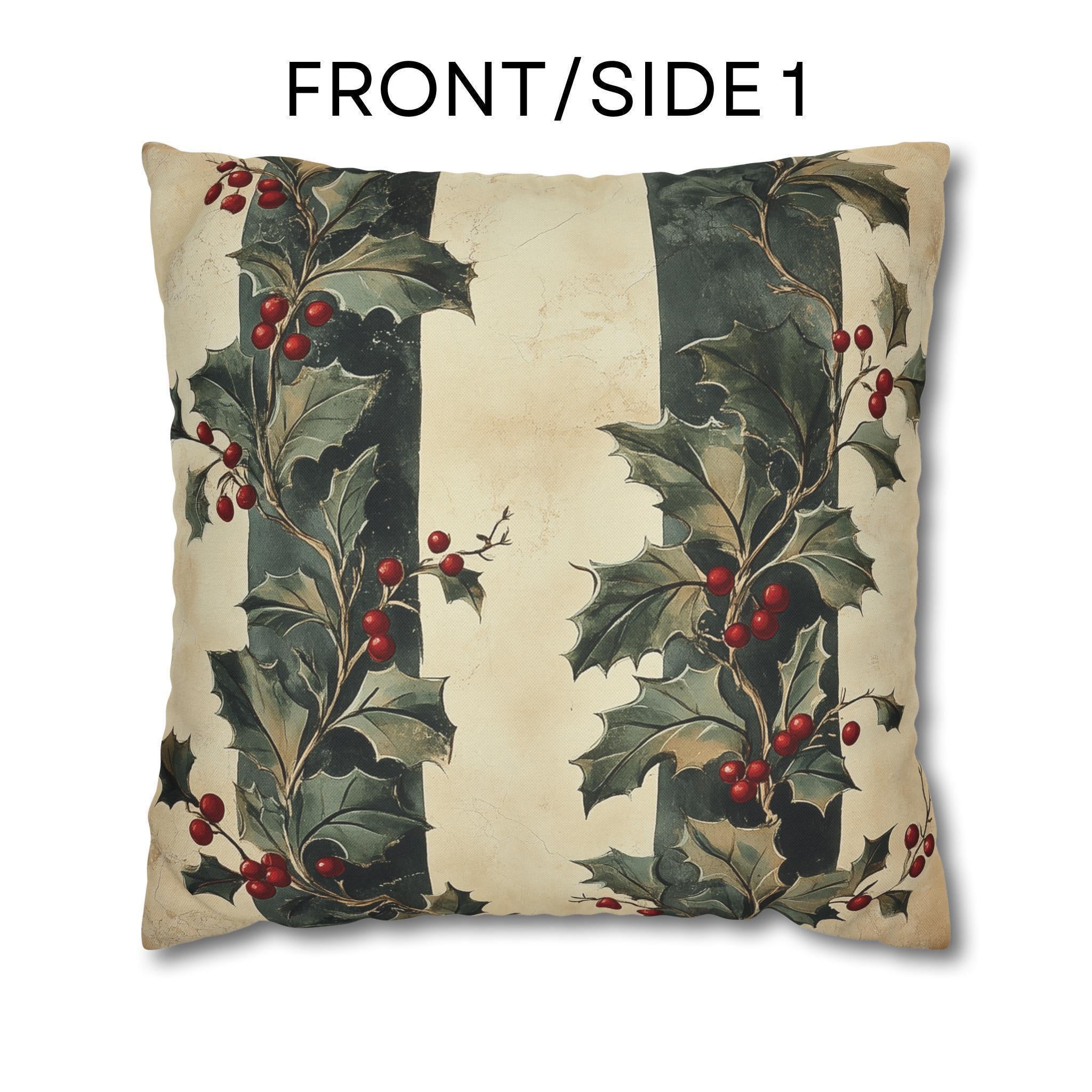 Holly & Stripes Pillow Cover: Vintage Style Christmas Botanical Holiday Accent