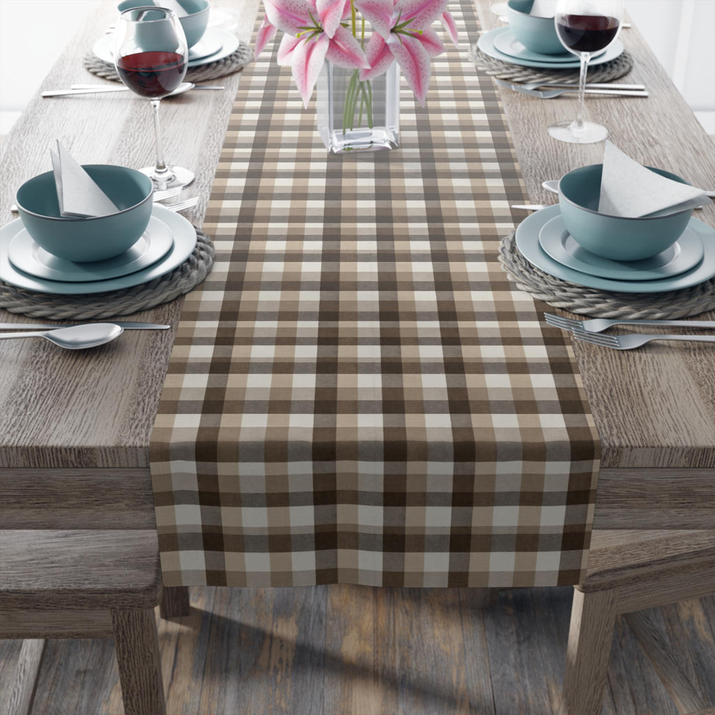 Neutral Brown Gingham Plaid Table Runner: Farmhouse Buffalo Check Accent