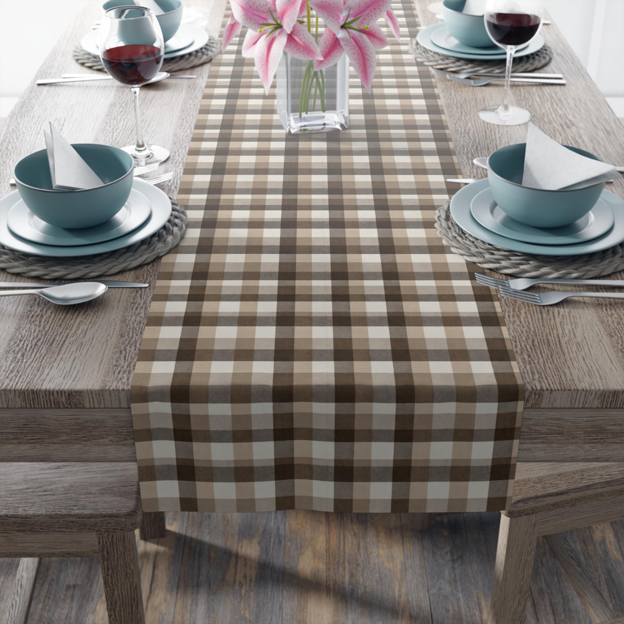 Neutral Brown Gingham Plaid Table Runner: Farmhouse Buffalo Check Accent