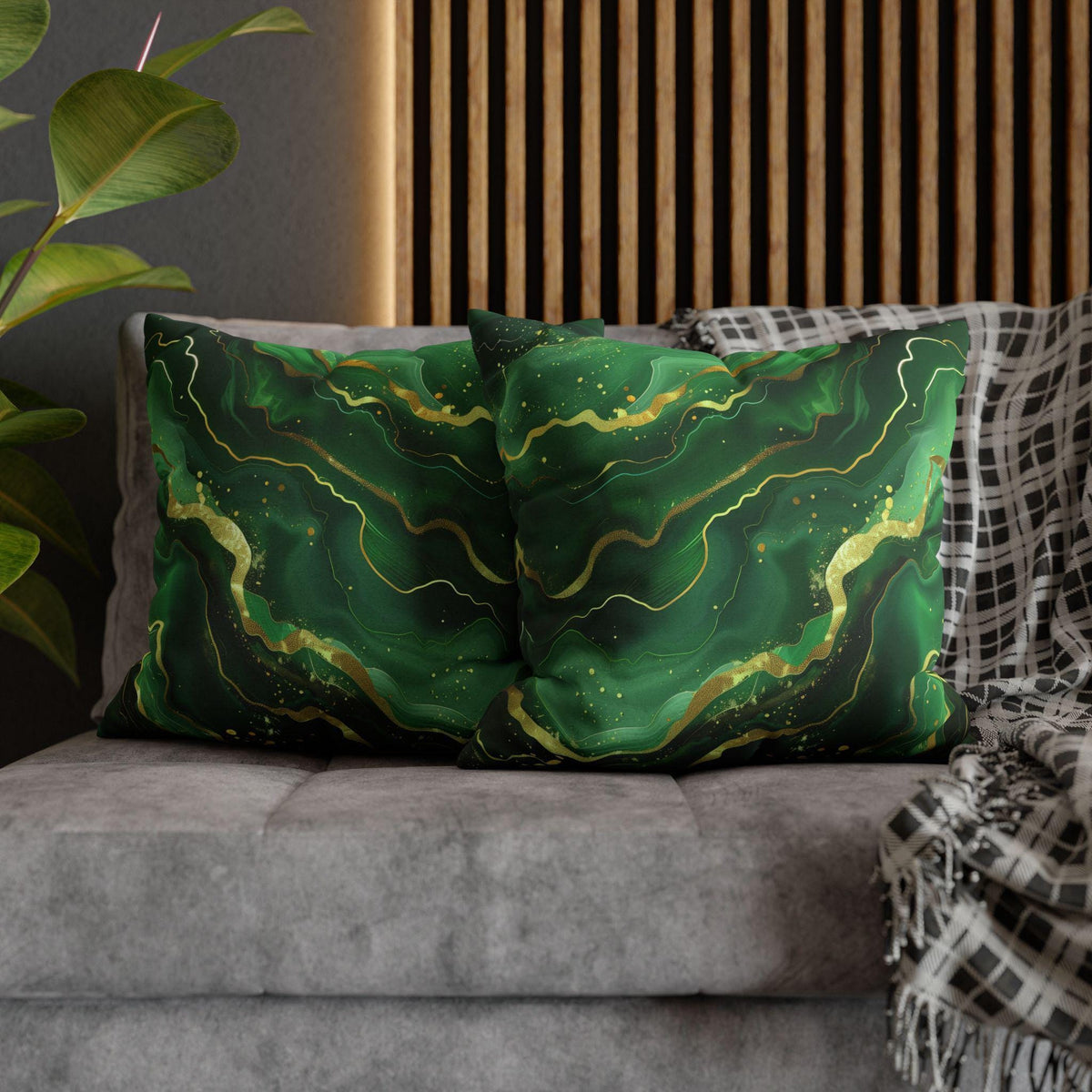 Green Waves Throw Pillow Cover: Emerald  and Deep Green with Gold Accents
