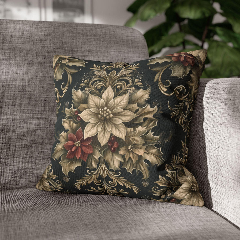 Vintage Style William Morris Christmas Pillow Cover: Poinsettia & Holly on Charcoal Cushion