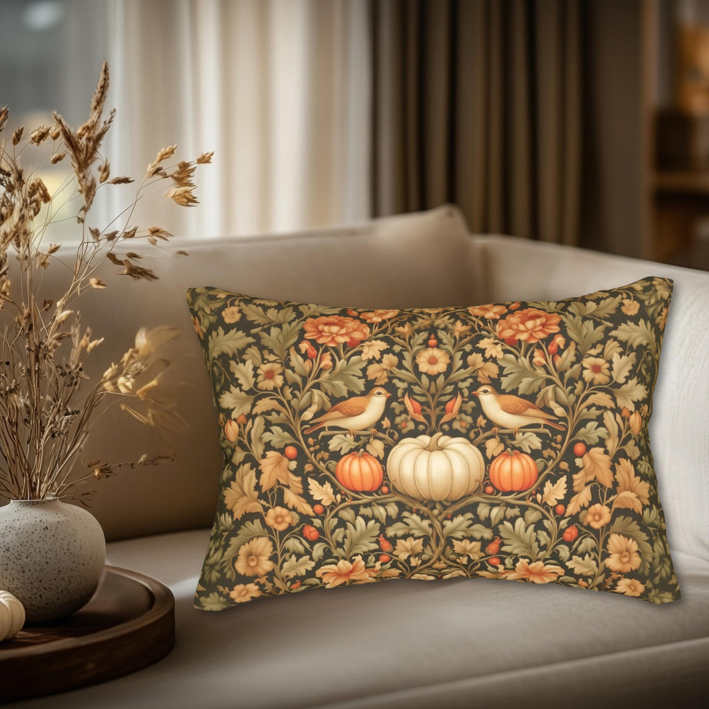Pumpkin Thief Fall Lumbar Pillow: William Morris Inspired Songbirds, Pumpkins, Autumn Flowers (20"x14")