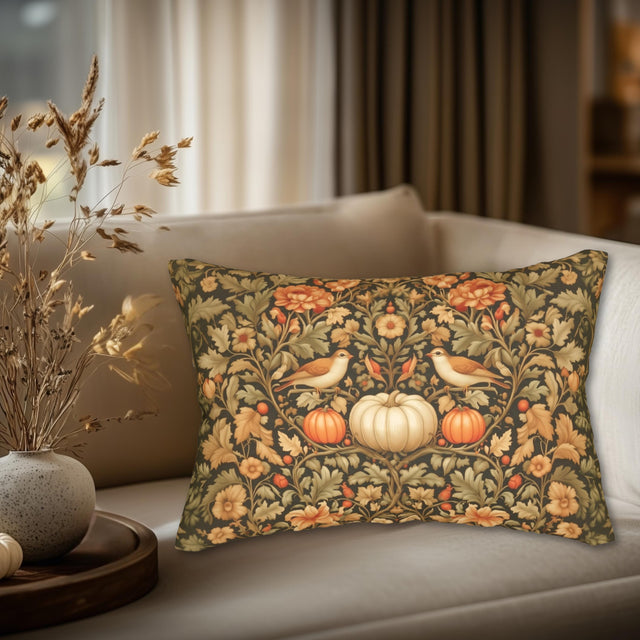 Pumpkin Thief Fall Lumbar Pillow: William Morris Inspired Songbirds, Pumpkins, Autumn Flowers (20"x14")