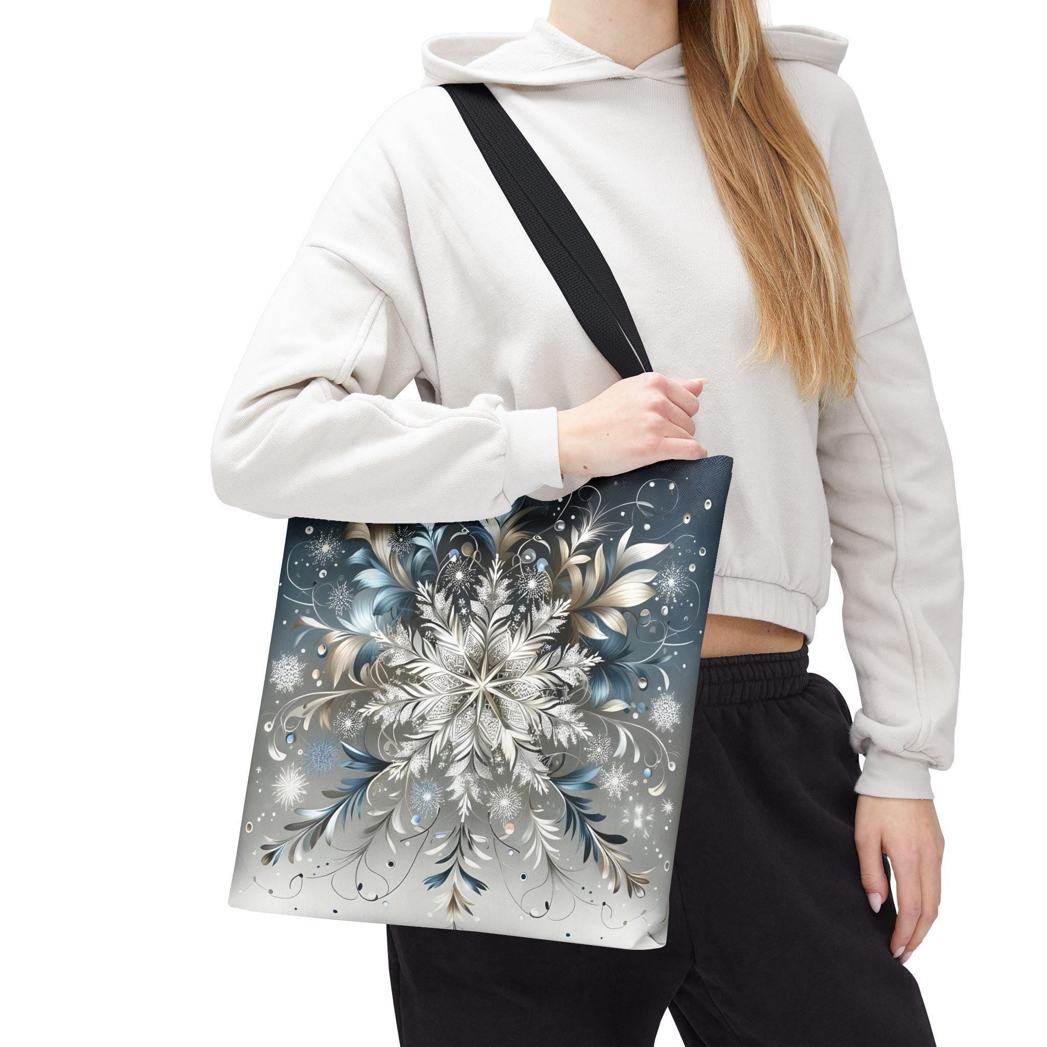 Elegant Snowflake Tote Bag, Silver & Blue Polyester Canvas