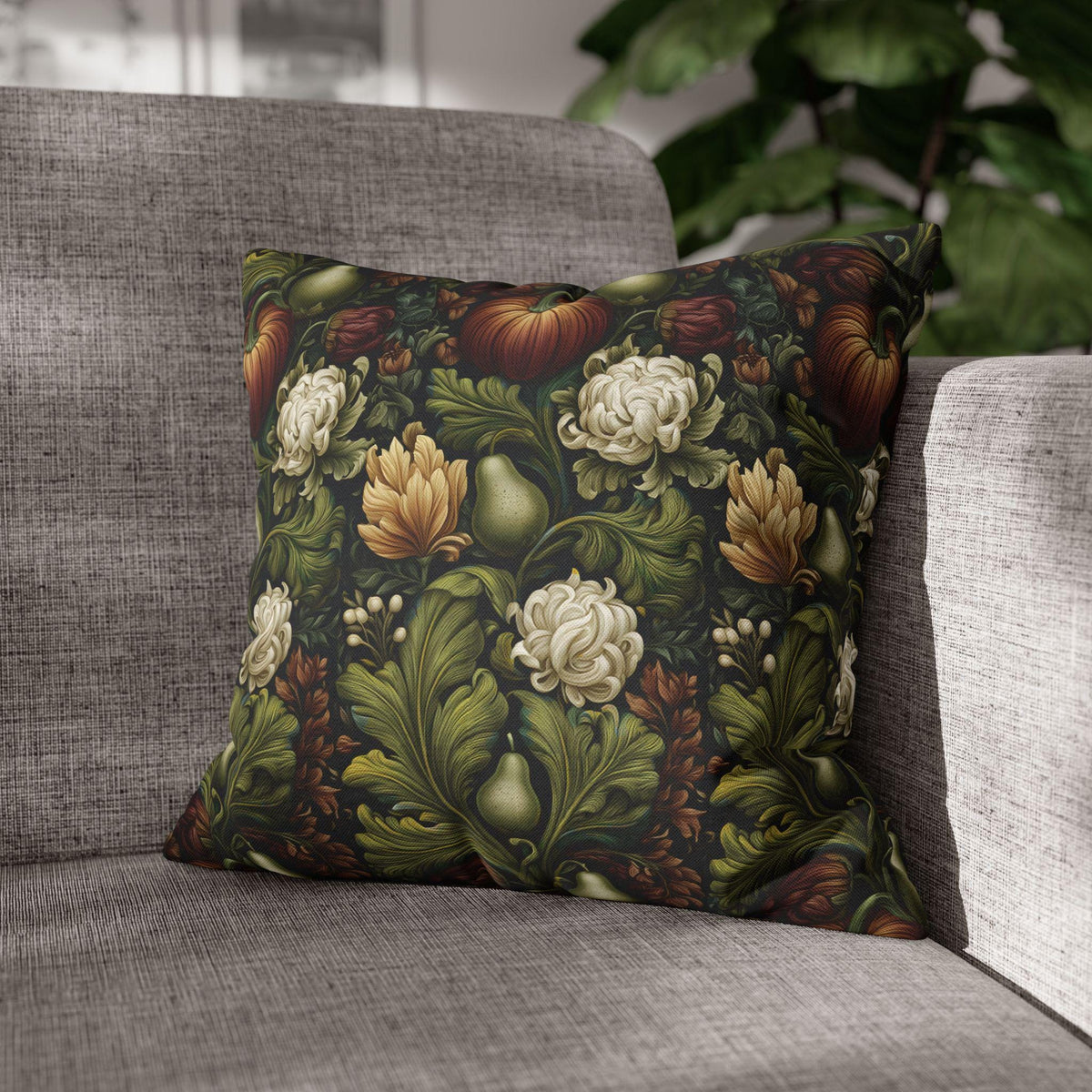 William Morris Inspired Fall Pillow Cover: Pumpkins, Pears, and Ivory Florals on Charcoal