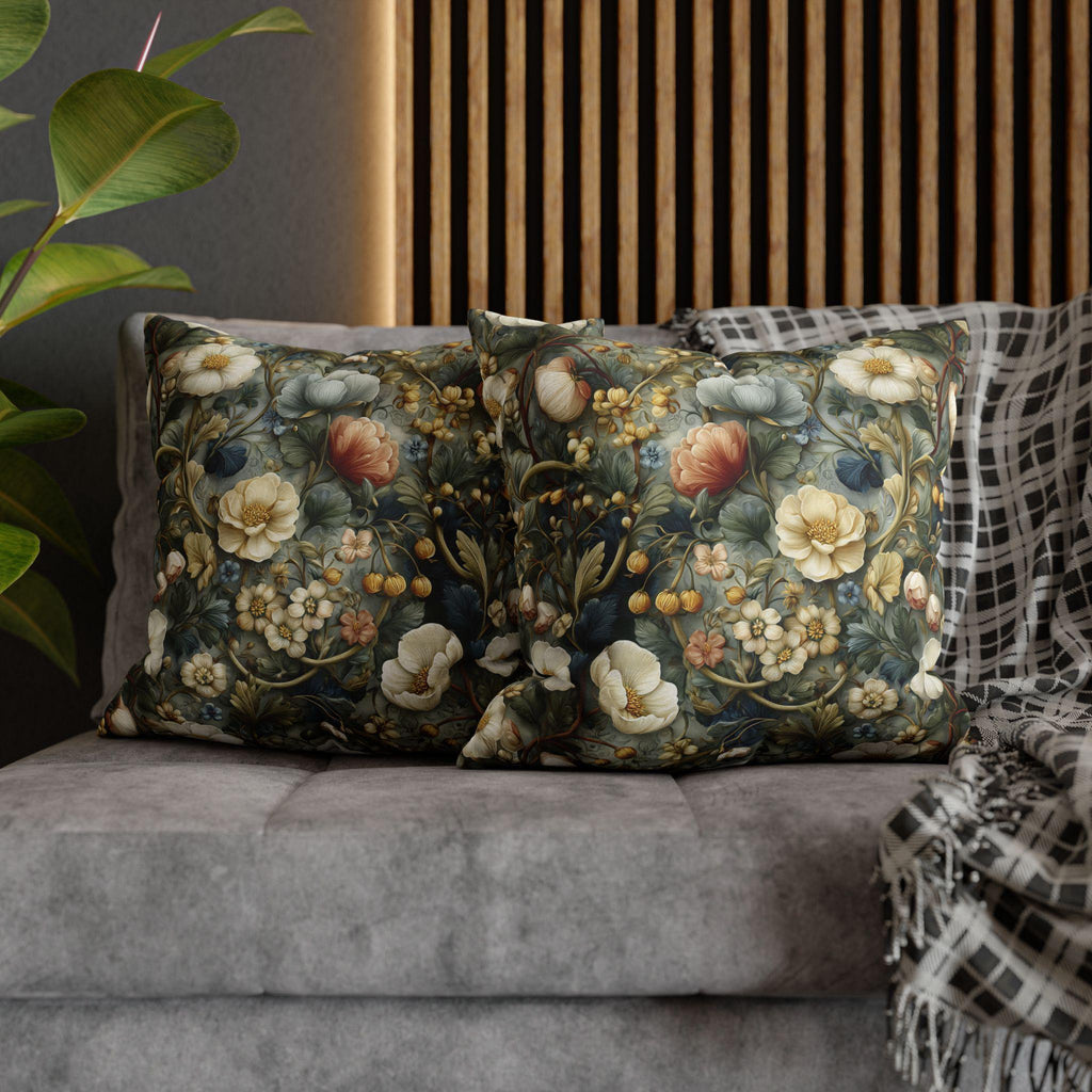 Vintage Style Meadow Garden Pillow Cover: Soft Sage Ivory & Lilac Botanical Floral
