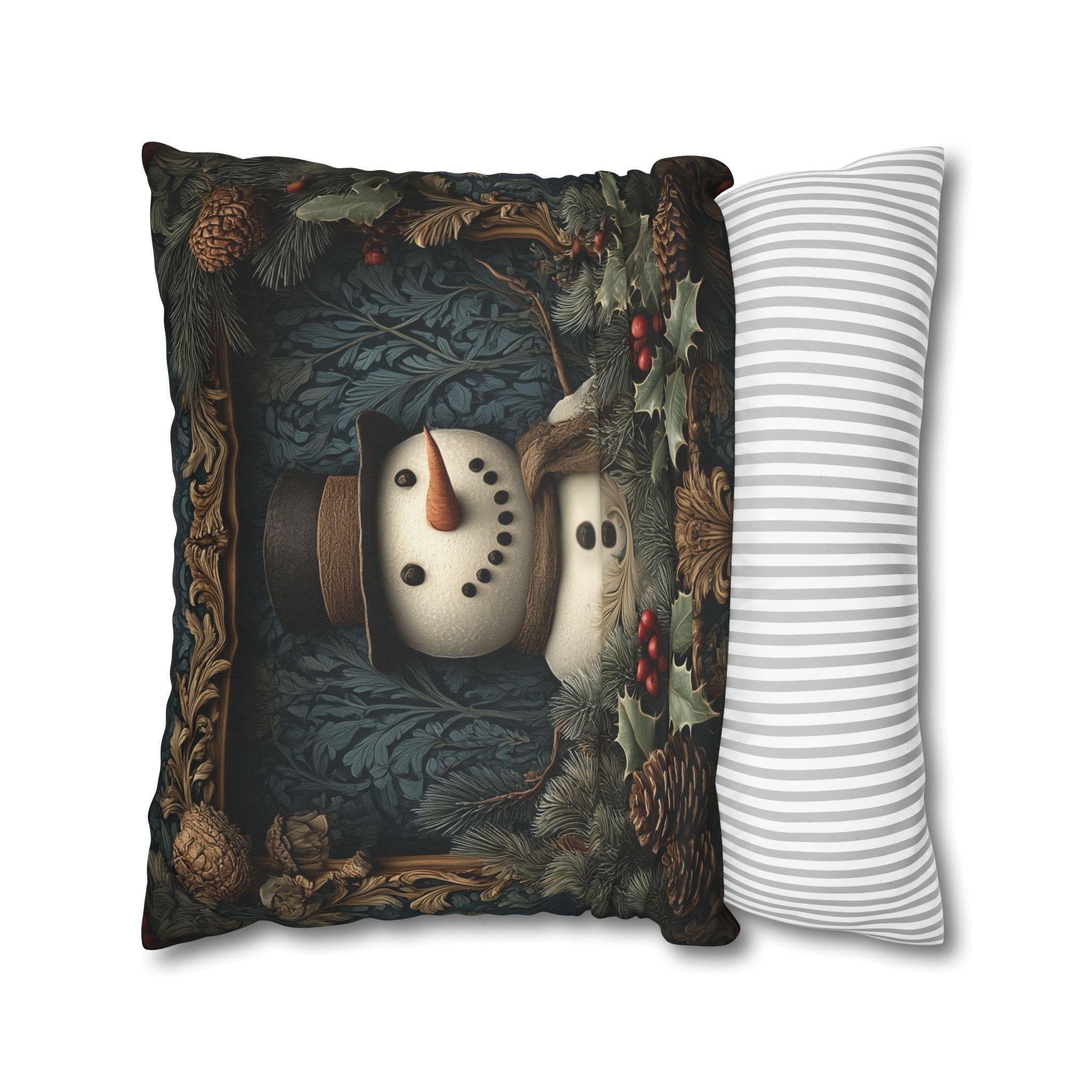 William Morris Inspired Christmas Snowman Pillow Cover: Woodland Pine & Holly Illustration