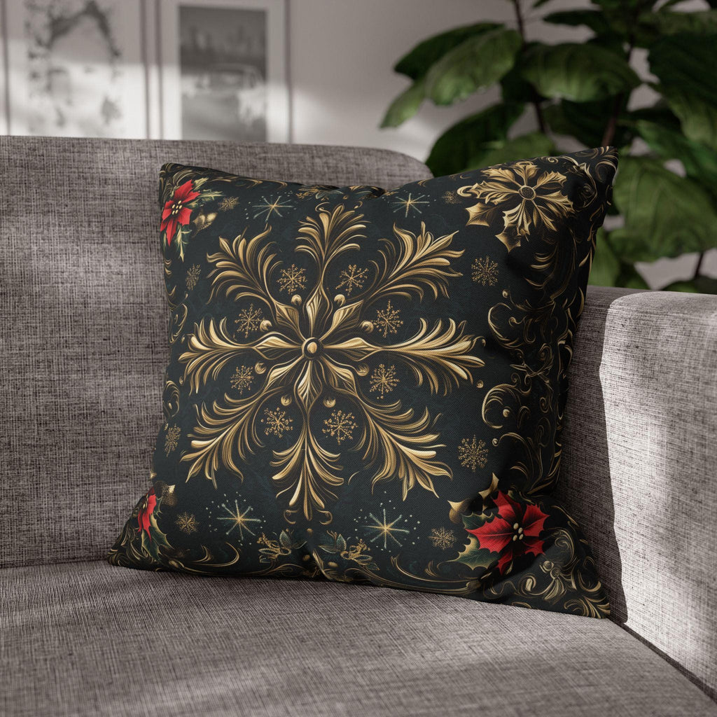 Victorian Christmas Throw Pillow Cover: Gold and Navy Snowflake & Poinsettia Holiday Accent Decor