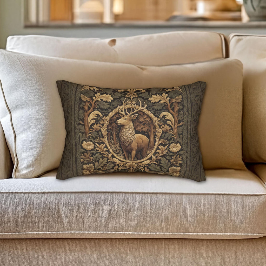 William Morris Inspired Noble Stag Lumbar Pillow: Botanical Woodland Design