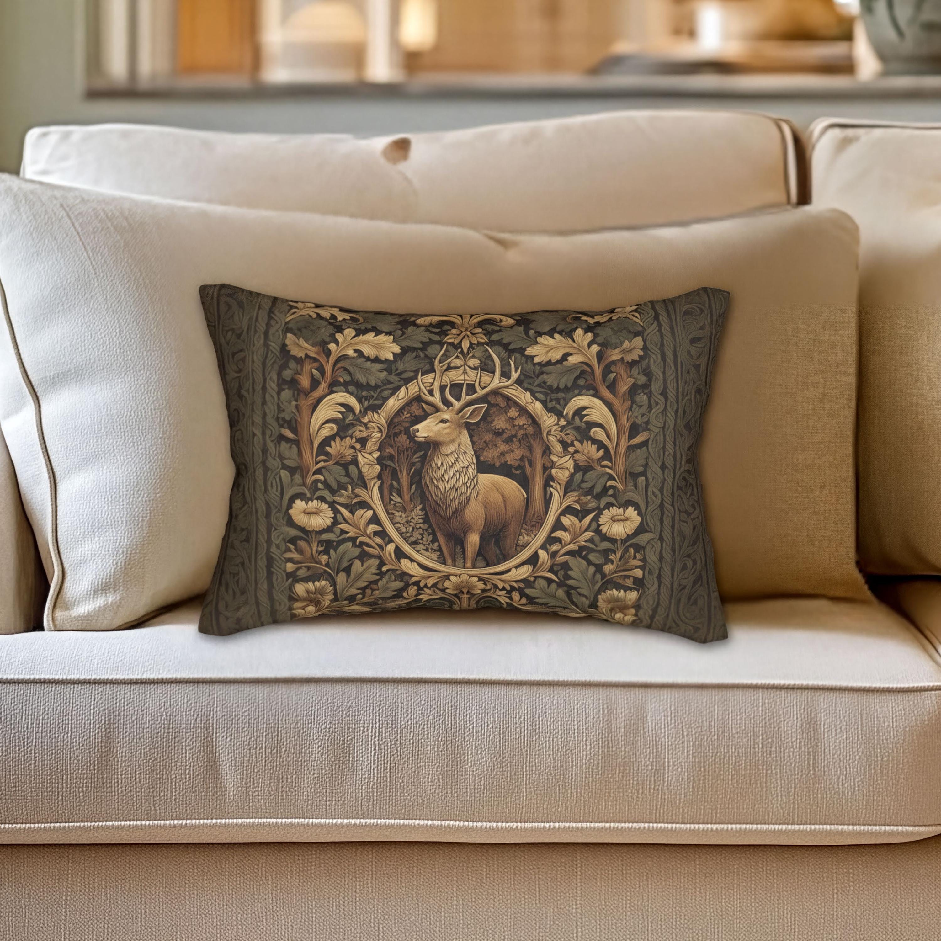 William Morris Inspired Noble Stag Lumbar Pillow: Botanical Woodland Design
