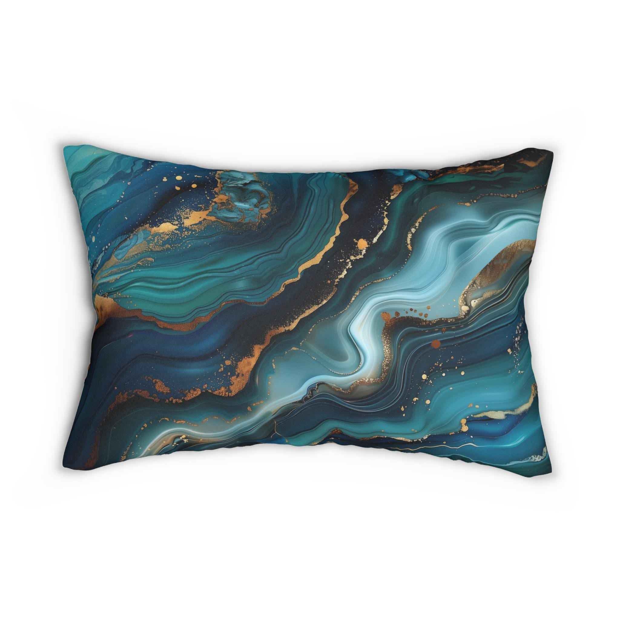 Sophisticated Ocean Waves Lumbar Pillow: Dark Blue & Teal with Gold Accents - Nautical Decor Gift