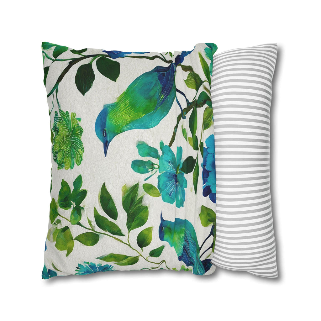 Chinoiserie Bird Pillow Cover: Teal Green Watercolor Floral Cushion