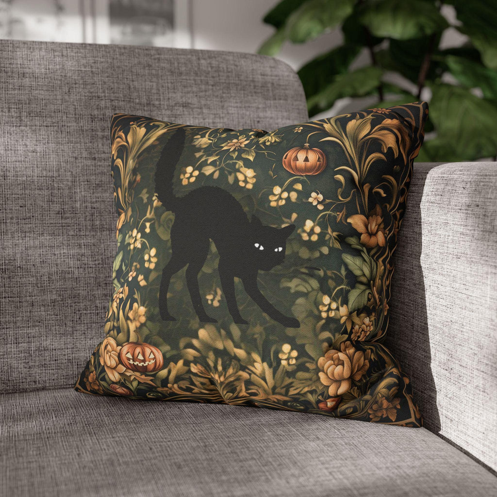William Morris Inspired Fall Pillow Cover: Black Cat Halloween Botanical Decor