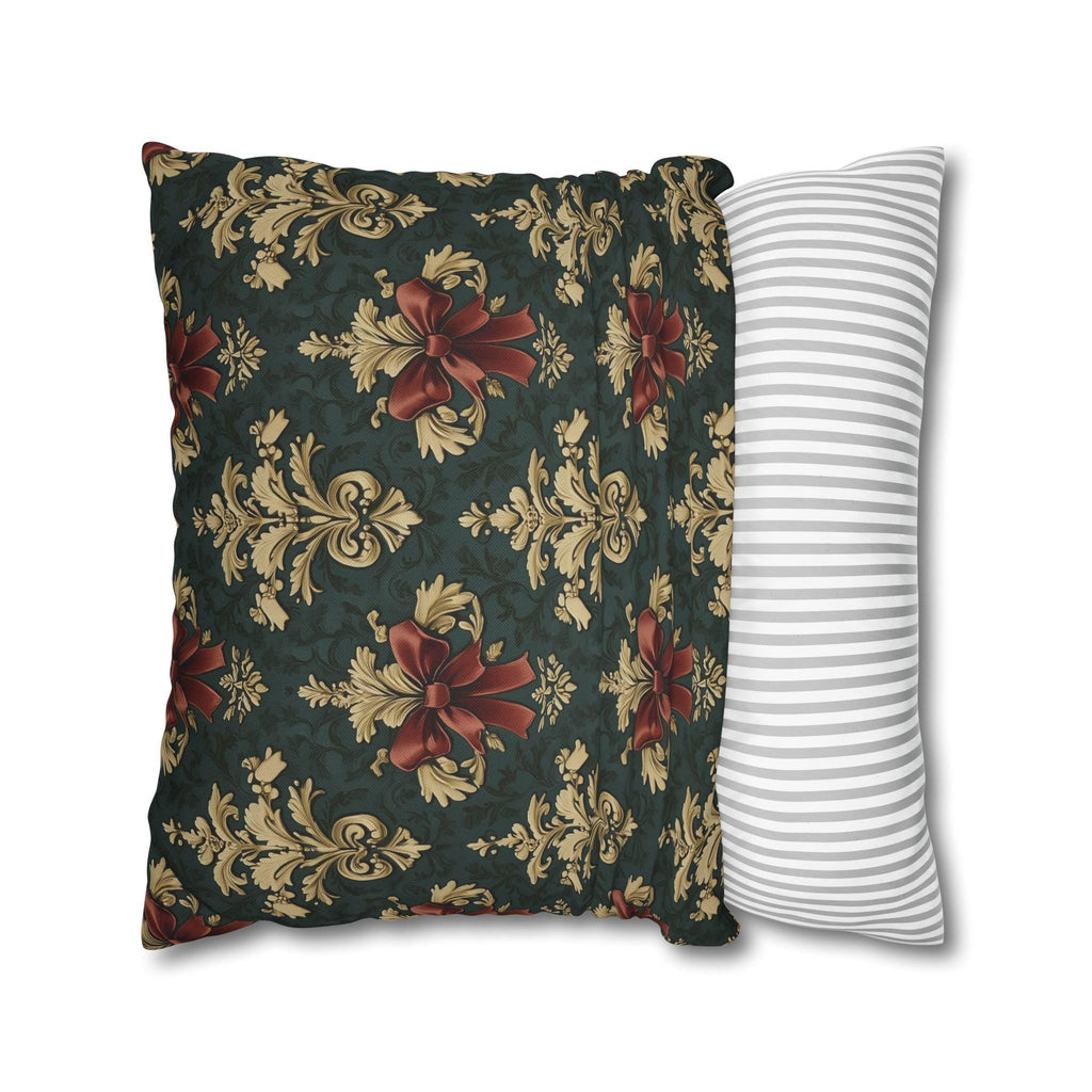 Baroque Damask Christmas Pillow Cover: Evergreen Gold and Simulated Red Bow Holiday Accent