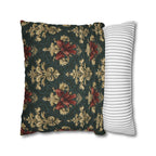 Baroque Damask Christmas Pillow Cover: Evergreen Gold and Simulated Red Bow Holiday Accent