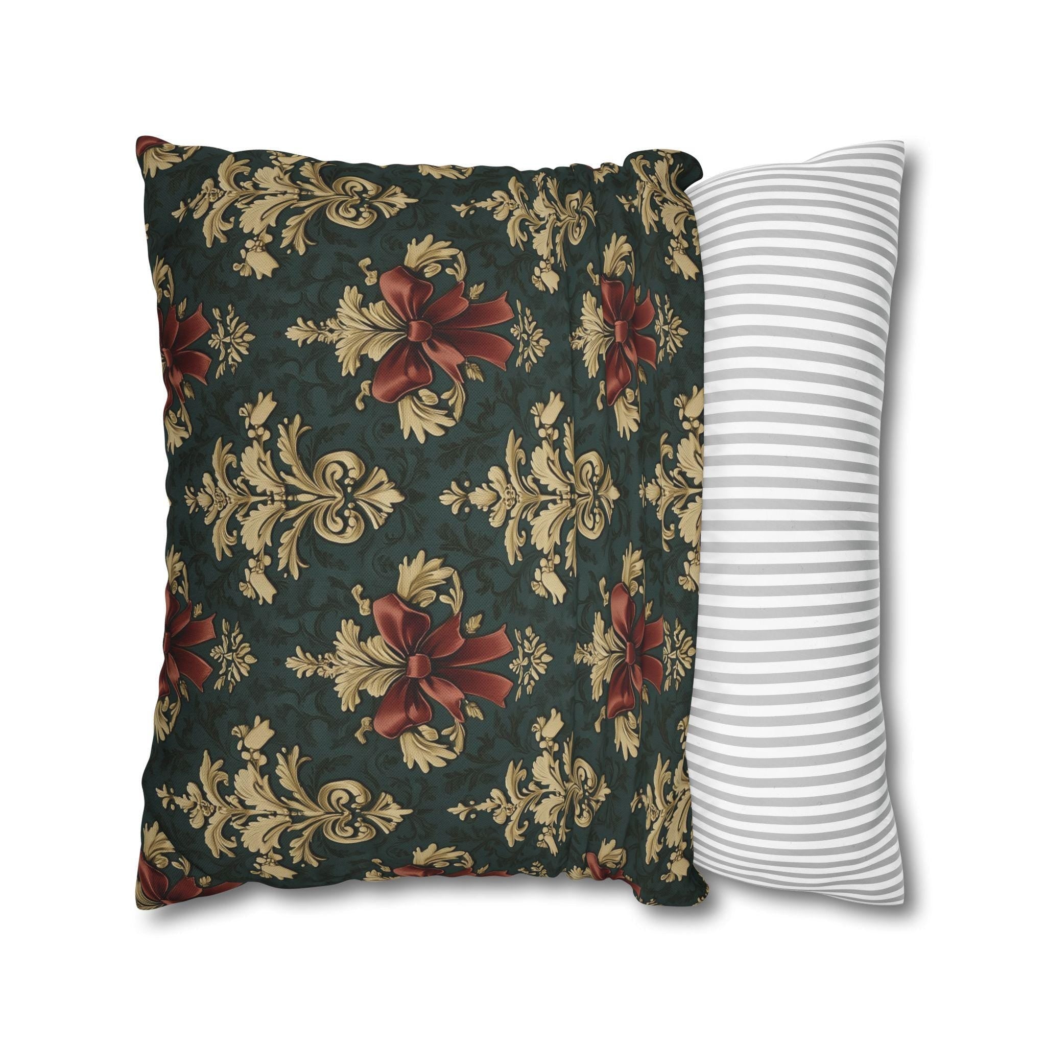 Baroque Damask Christmas Pillow Cover: Evergreen Gold and Simulated Red Bow Holiday Accent