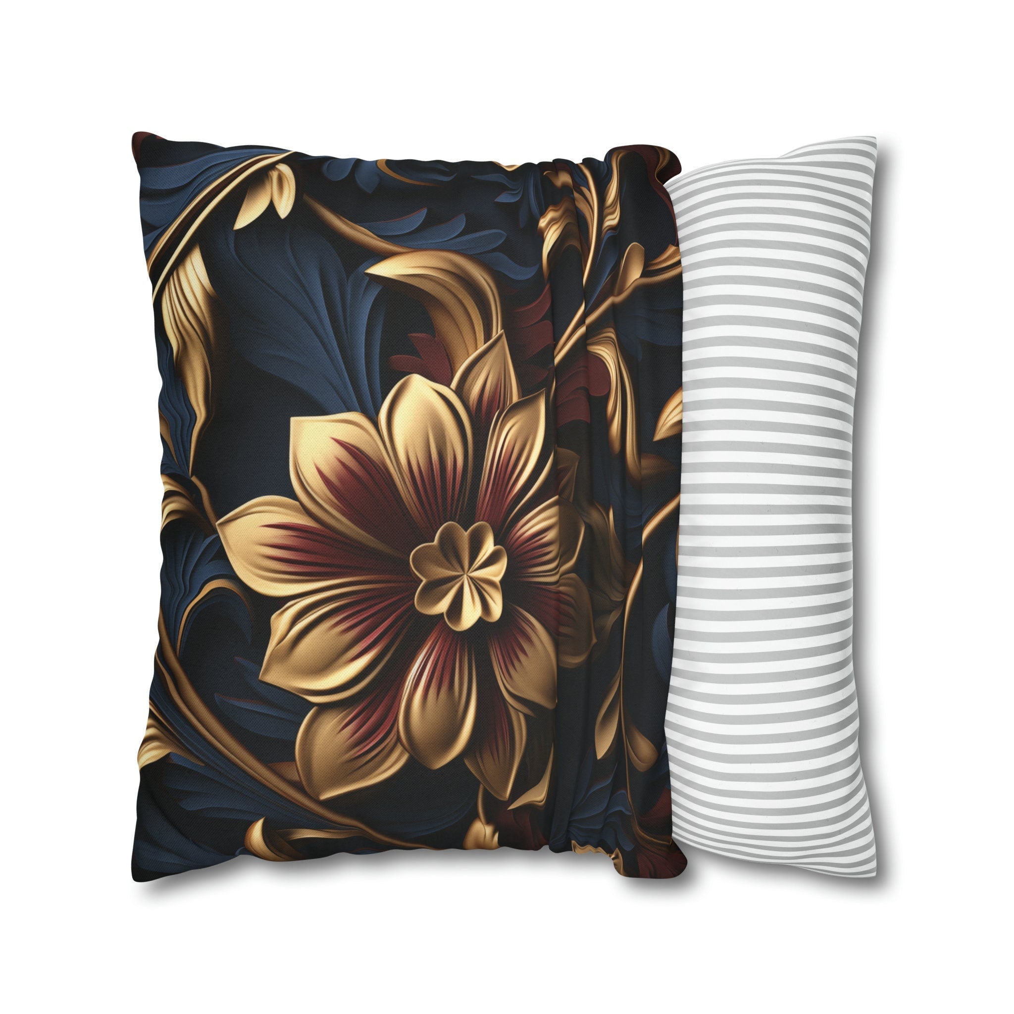 Luxurious Baroque Floral Pillow Cover: Burgundy & Gold on Navy Background, Ornate Design