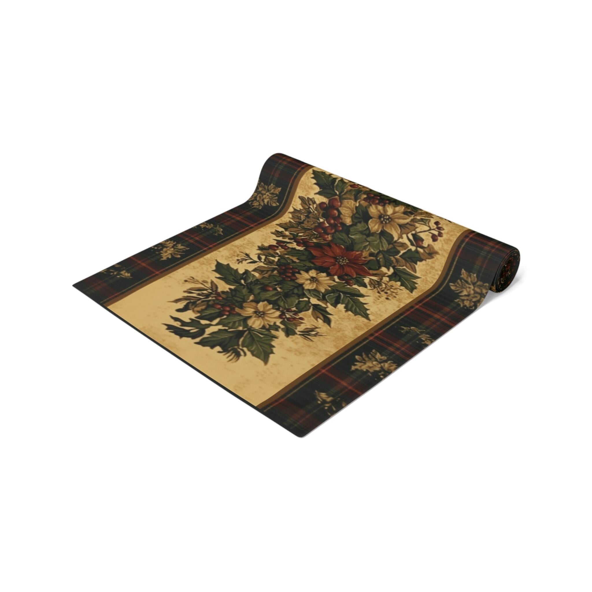 Plaid Botanical Stripes Christmas Table Runner: Vintage Style with Poinsettias and Holly