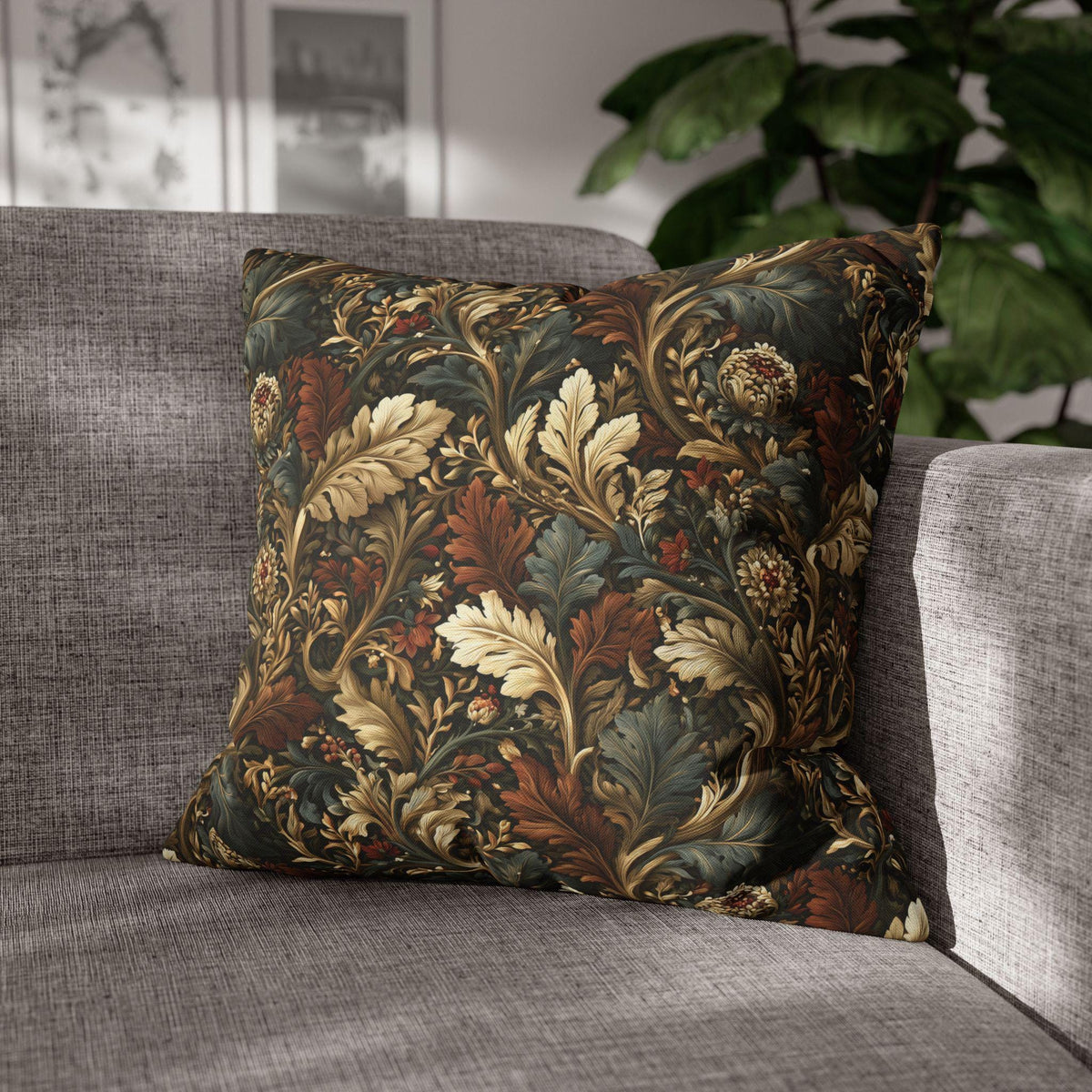 Fall Leaves Pattern Pillow Cover: Vintage Botanical Accent Cushion in Rust, Blue, and Cream