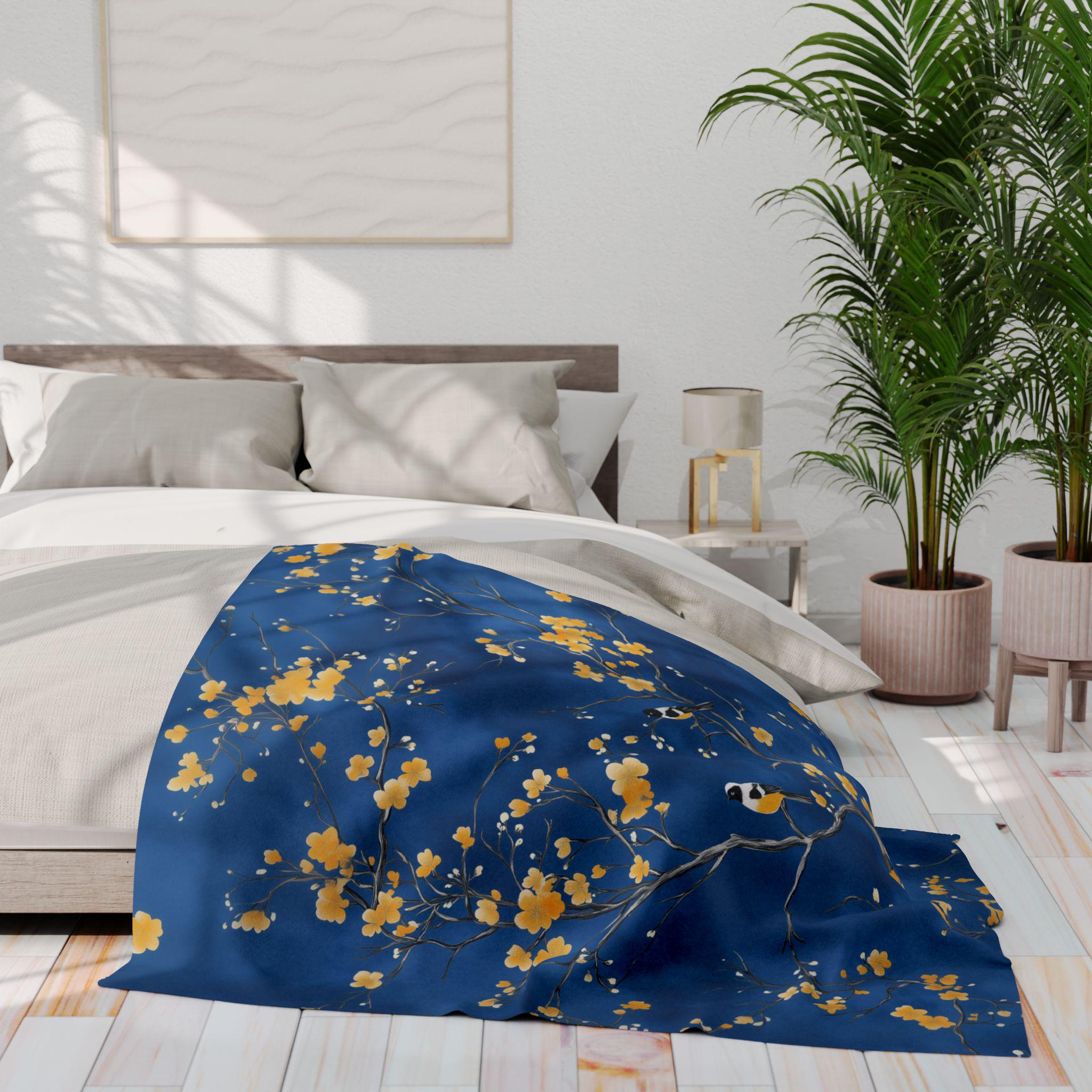 Royal Blue Chinoiserie Throw Blanket: Elegant, Asian-Inspired with Yellow Blossoms and Birds