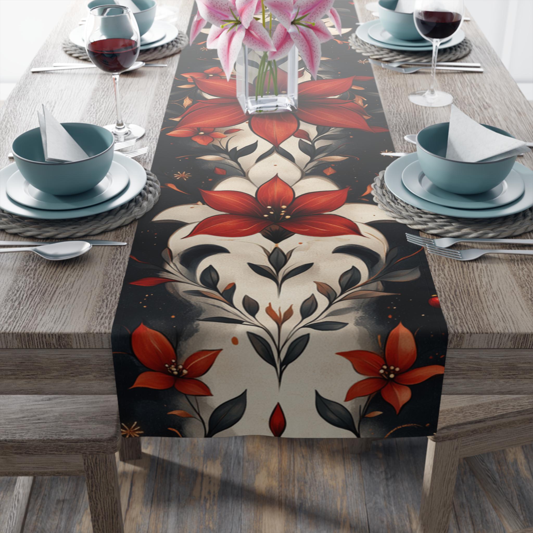 Fleur de Lis Poinsettia Table Runner: Festive Red & Navy Winter Decor