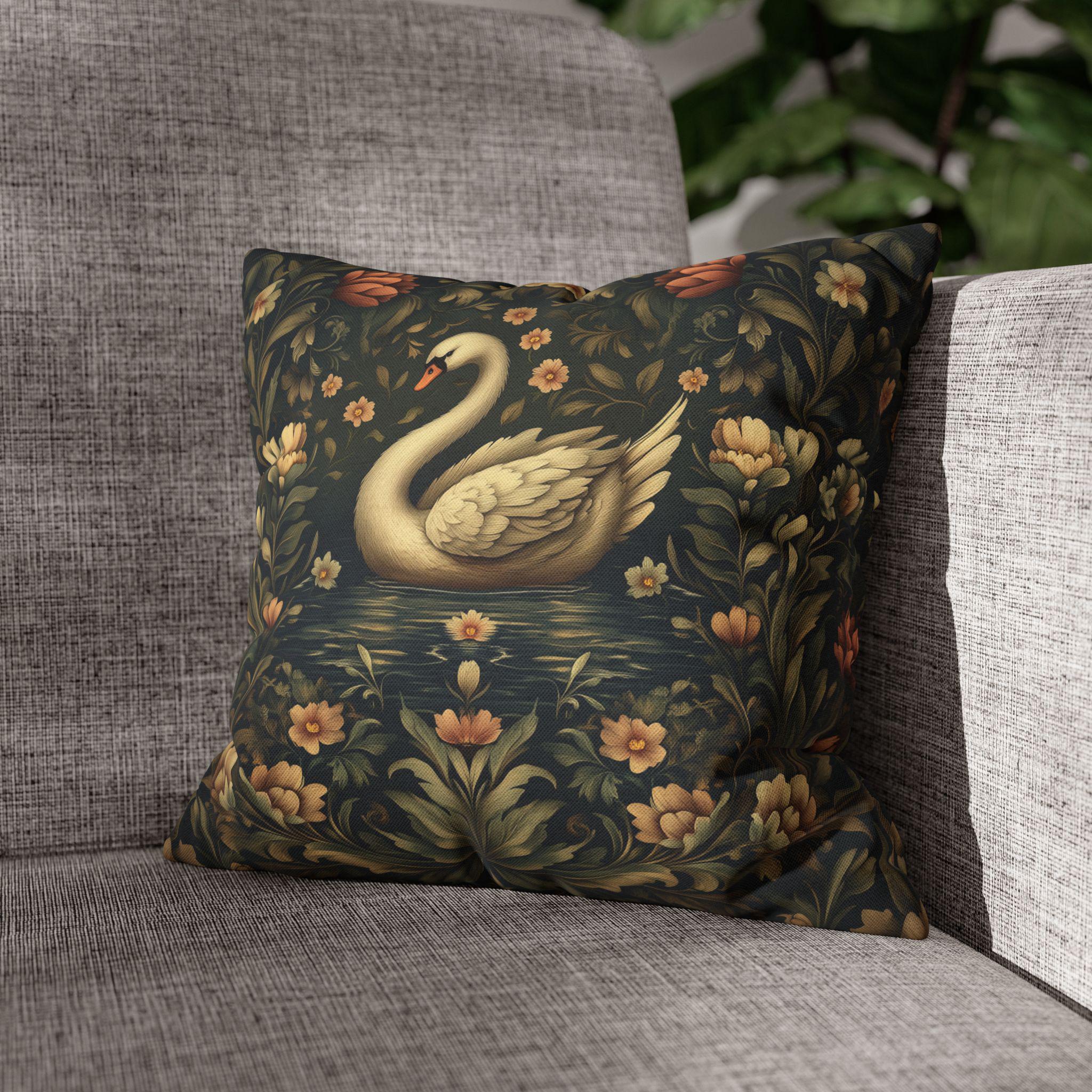 William Morris Inspired Swan Lake Decorative Pillow Cover: Moody Floral Fairytale Cushion Case