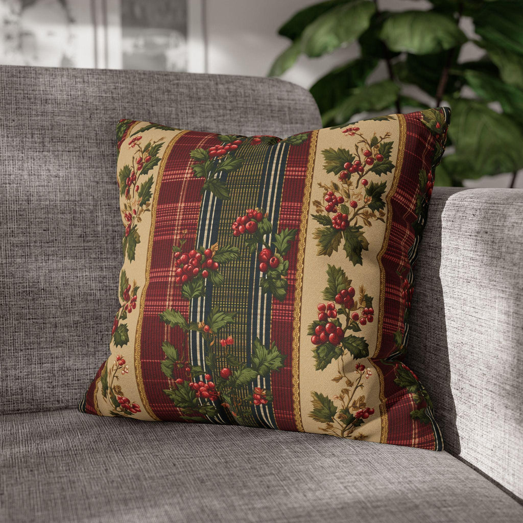 Christmas Pillow Cover: Classic Vintage Style Holly & Tartan Plaid in Red Green and Cream