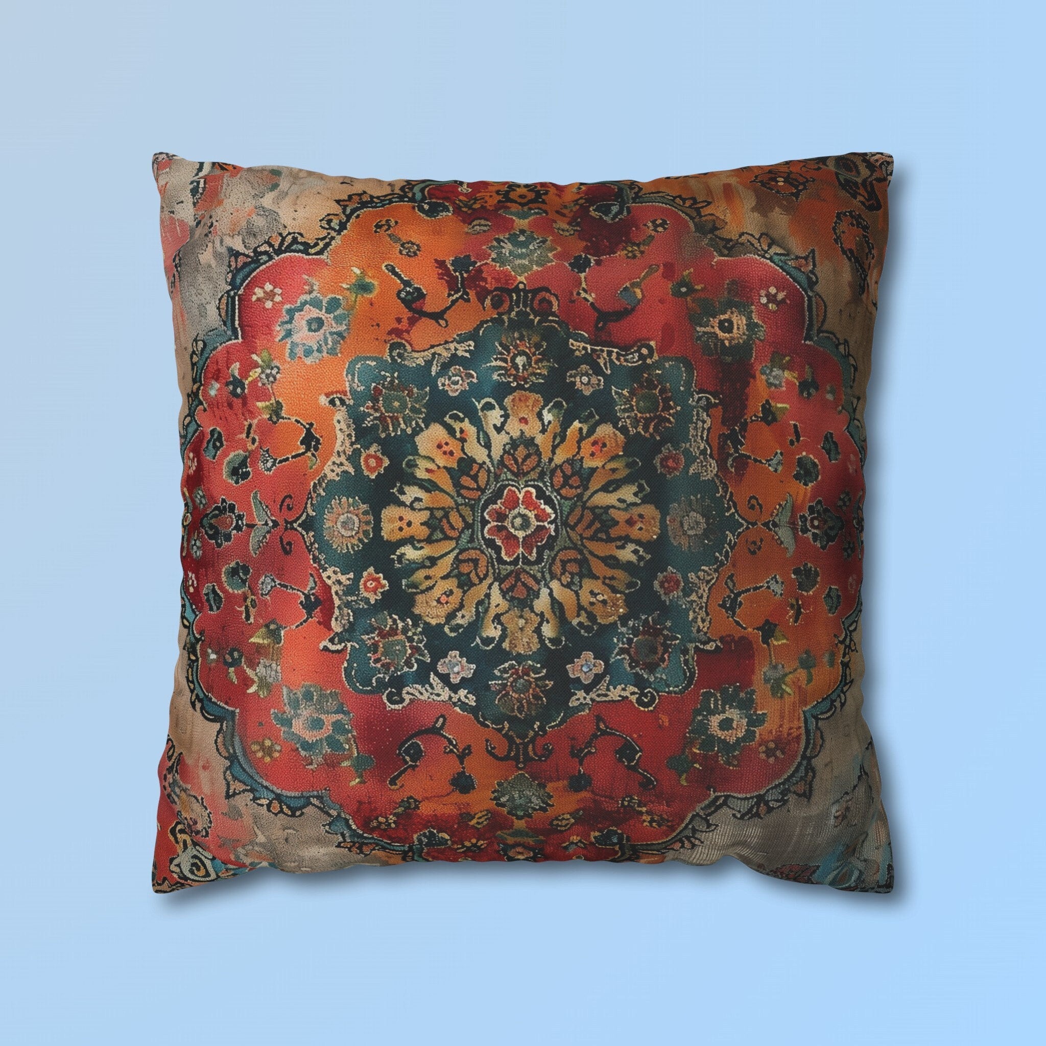 Medallion Persian Rug Pillow Cover: Teal, Red, and Orange