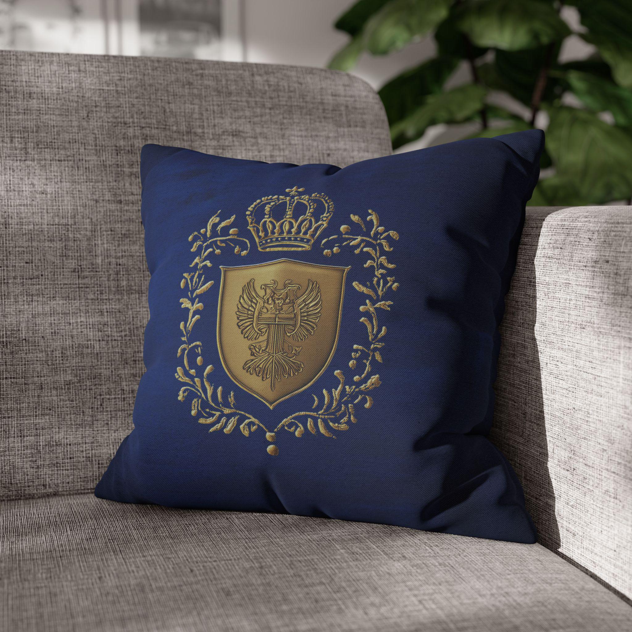 Royal Coat of Arms Pillowcase - Regal Golden Emblem on Royal Blue , Elegant Luxury Decor