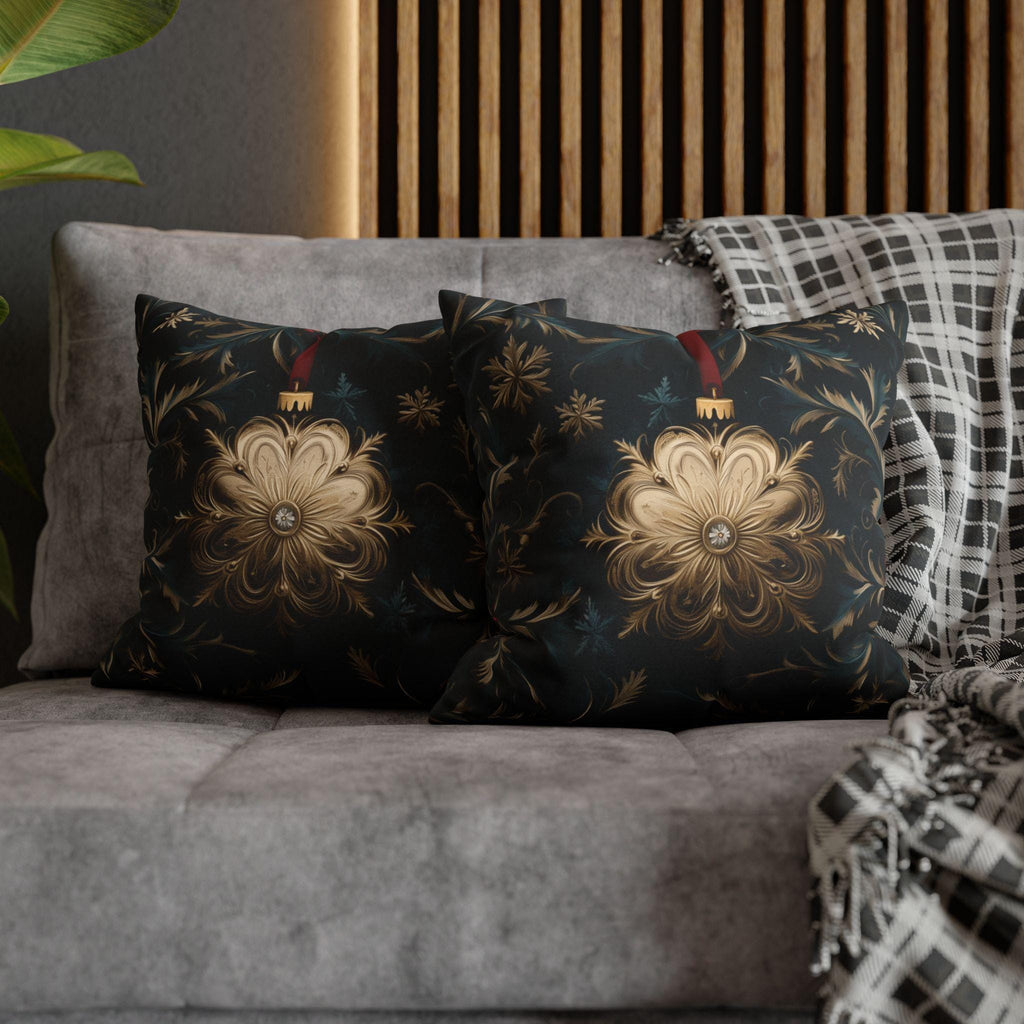 Elegant Navy & Gold Christmas Pillow Cover with Red Berries