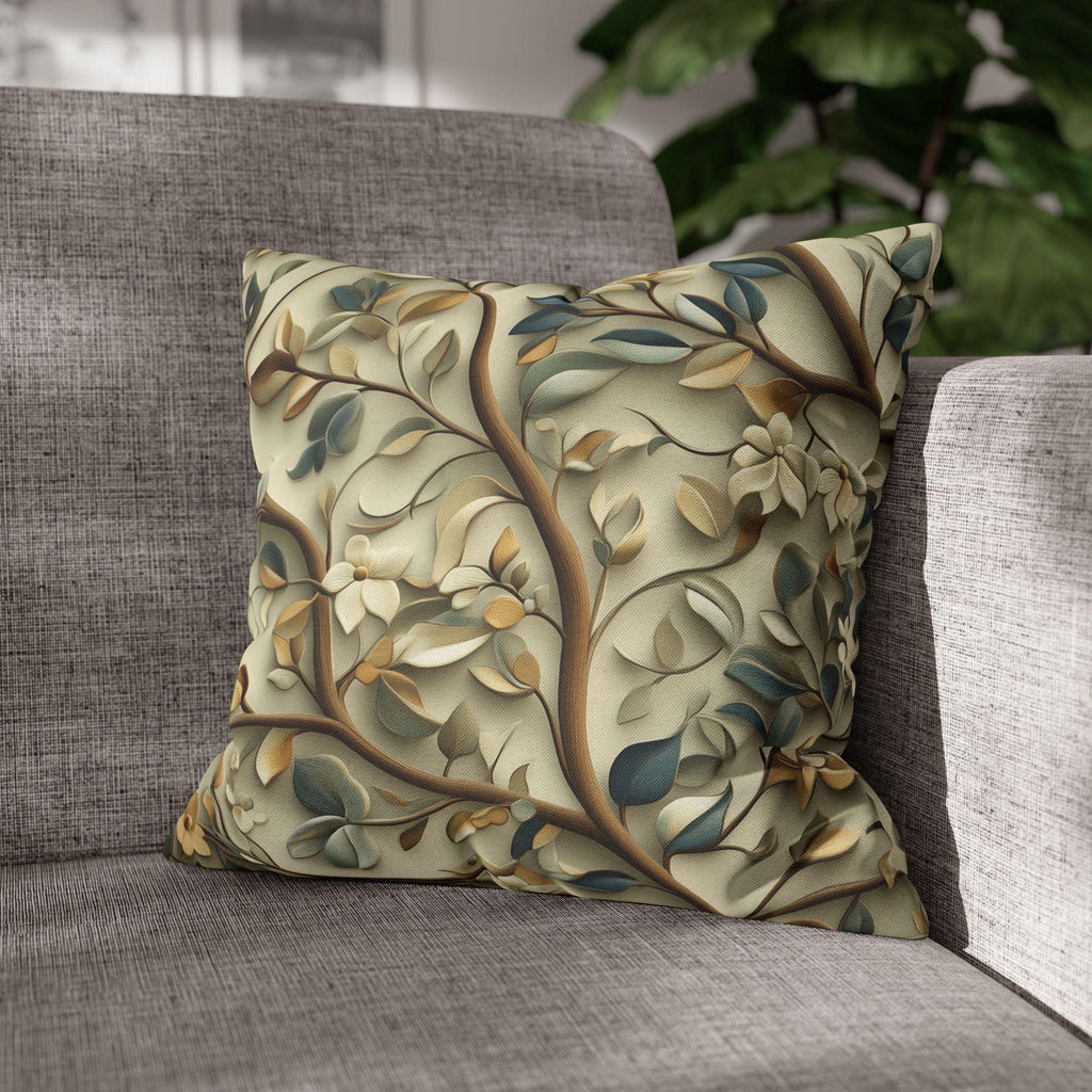 Elegant William Morris Inspired Botanical Pillow Cover - Floral Cushion in Green, Gold, and Beige