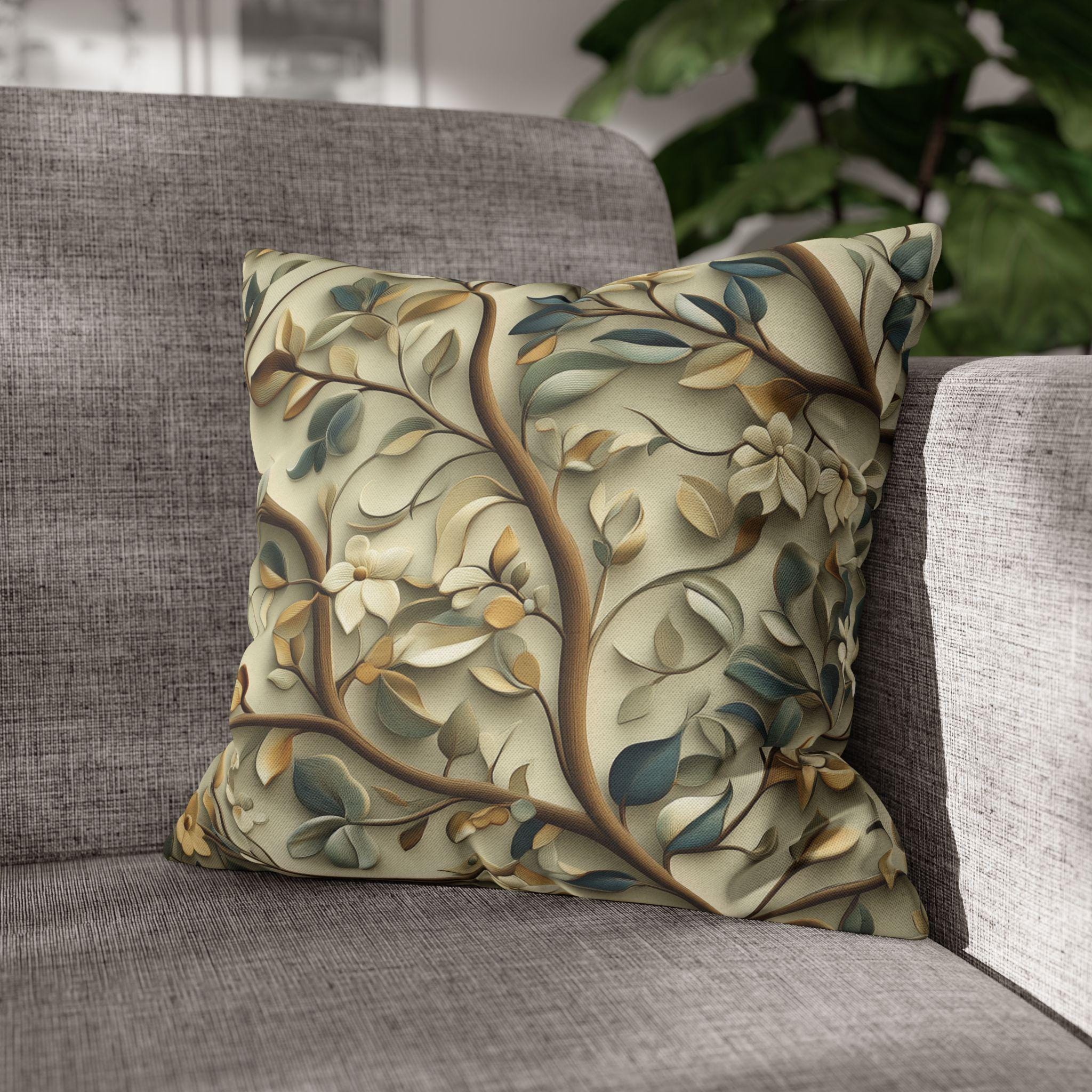 Elegant William Morris Inspired Botanical Pillow Cover - Floral Cushion in Green, Gold, and Beige