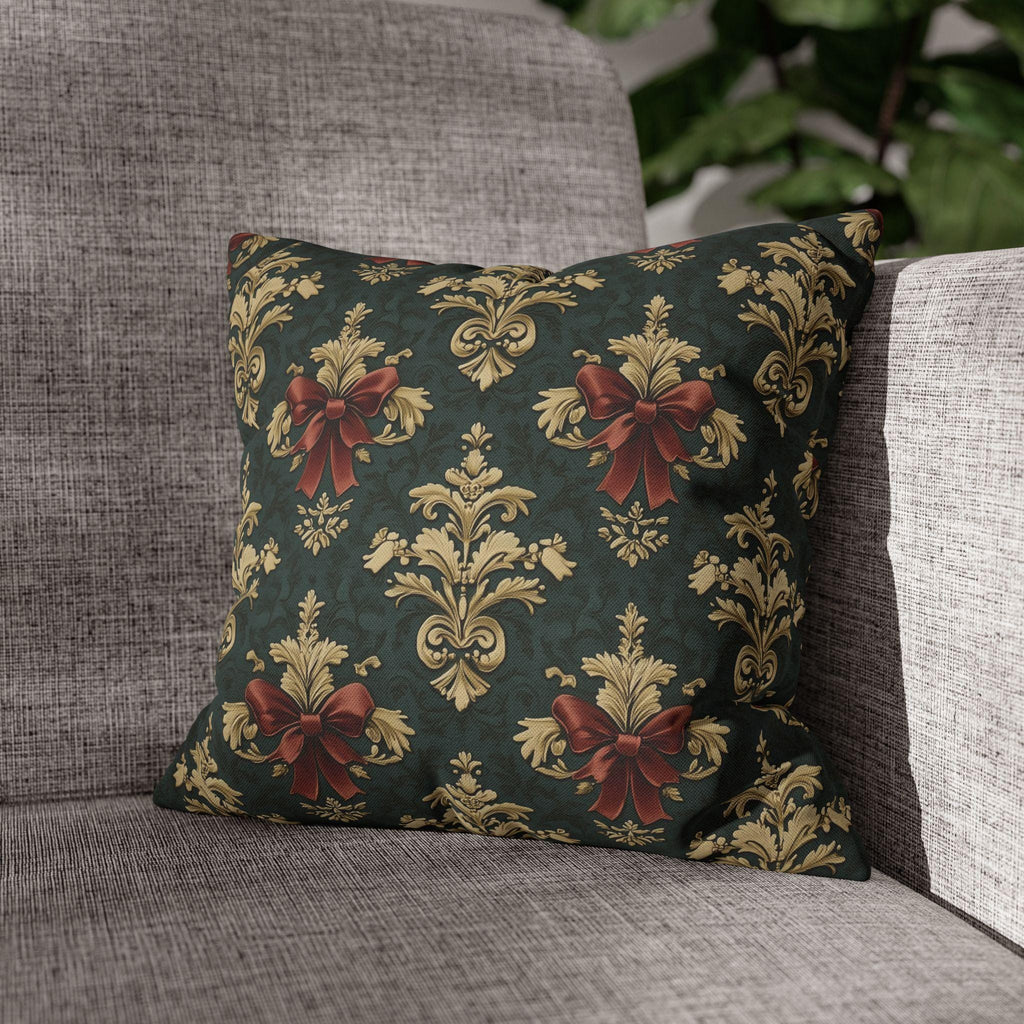Baroque Damask Christmas Pillow Cover: Evergreen Gold and Simulated Red Bow Holiday Accent