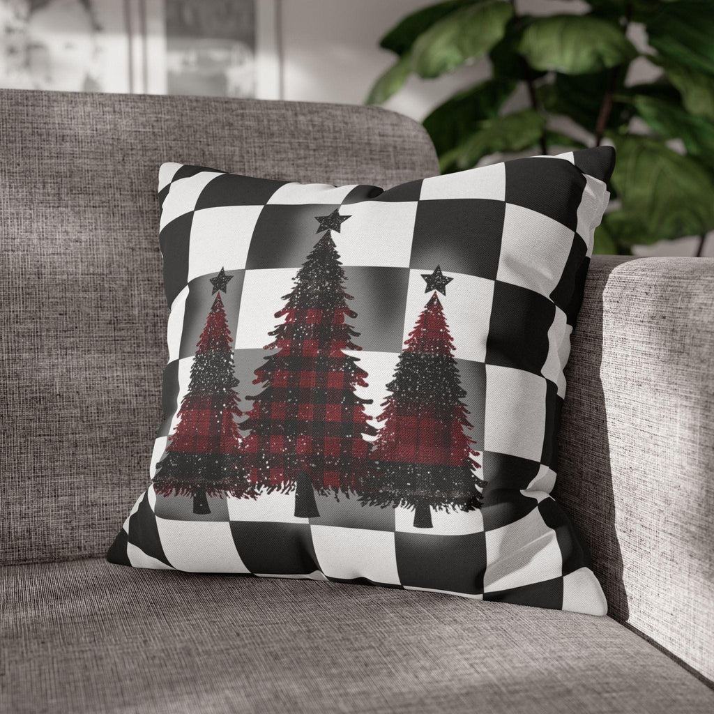 Buffalo Check Christmas Pillow Cover - Red, Black, White Plaid Trees
