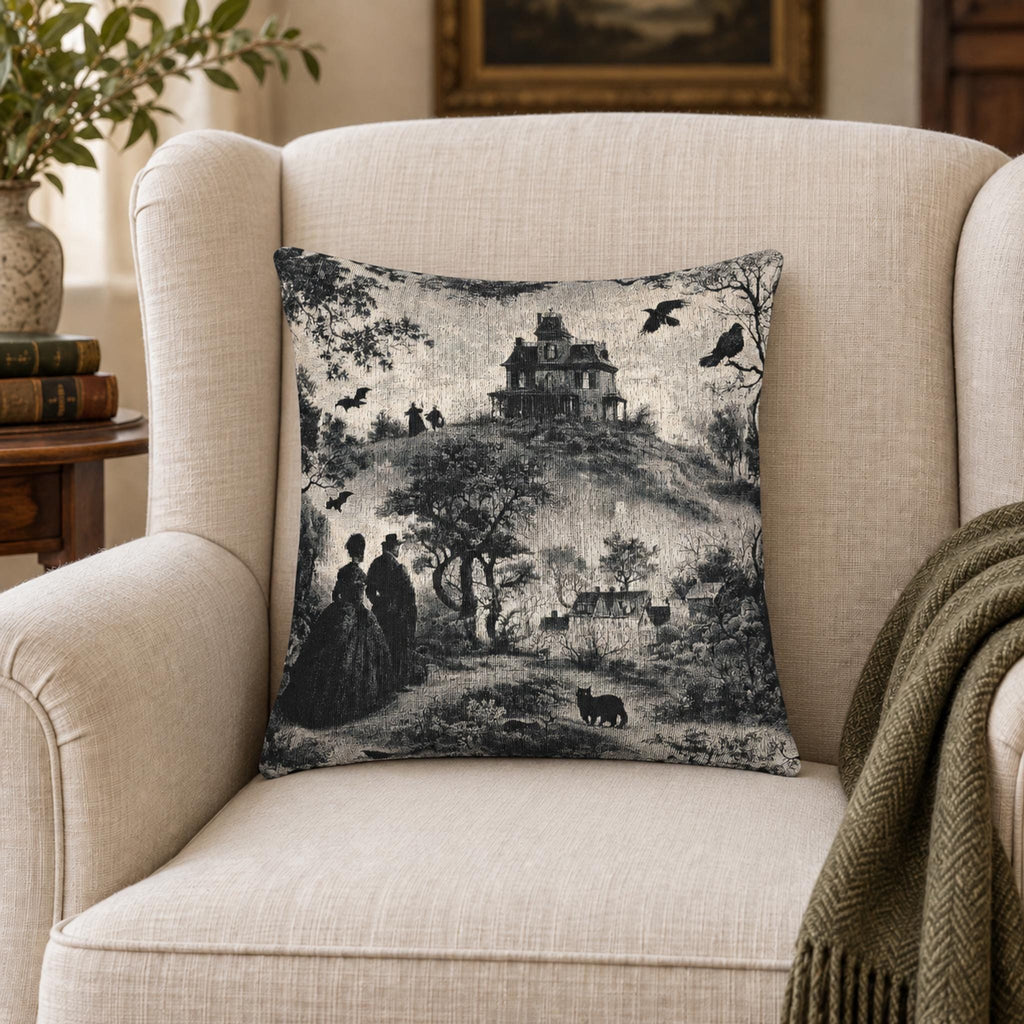 Gothic Toile Tapestry Throw Pillow: Haunted Victorian House, Jacquard Woven Decor