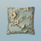 Chinoiserie Pillow Cover: 3D Birds & Blooms, Pastel Blue Accent