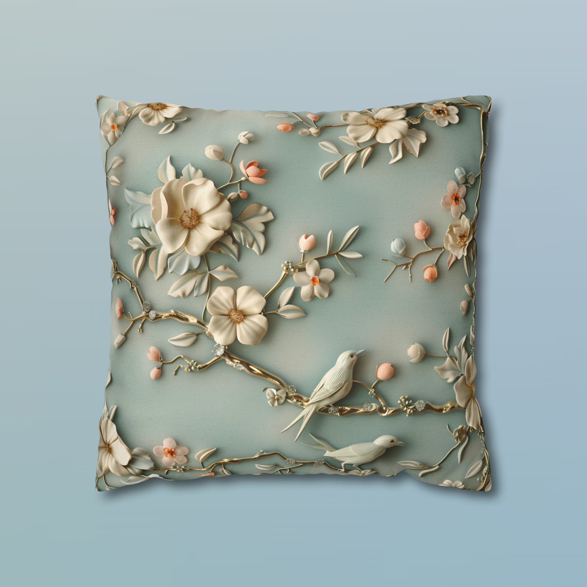 Chinoiserie Pillow Cover: 3D Birds & Blooms, Pastel Blue Accent