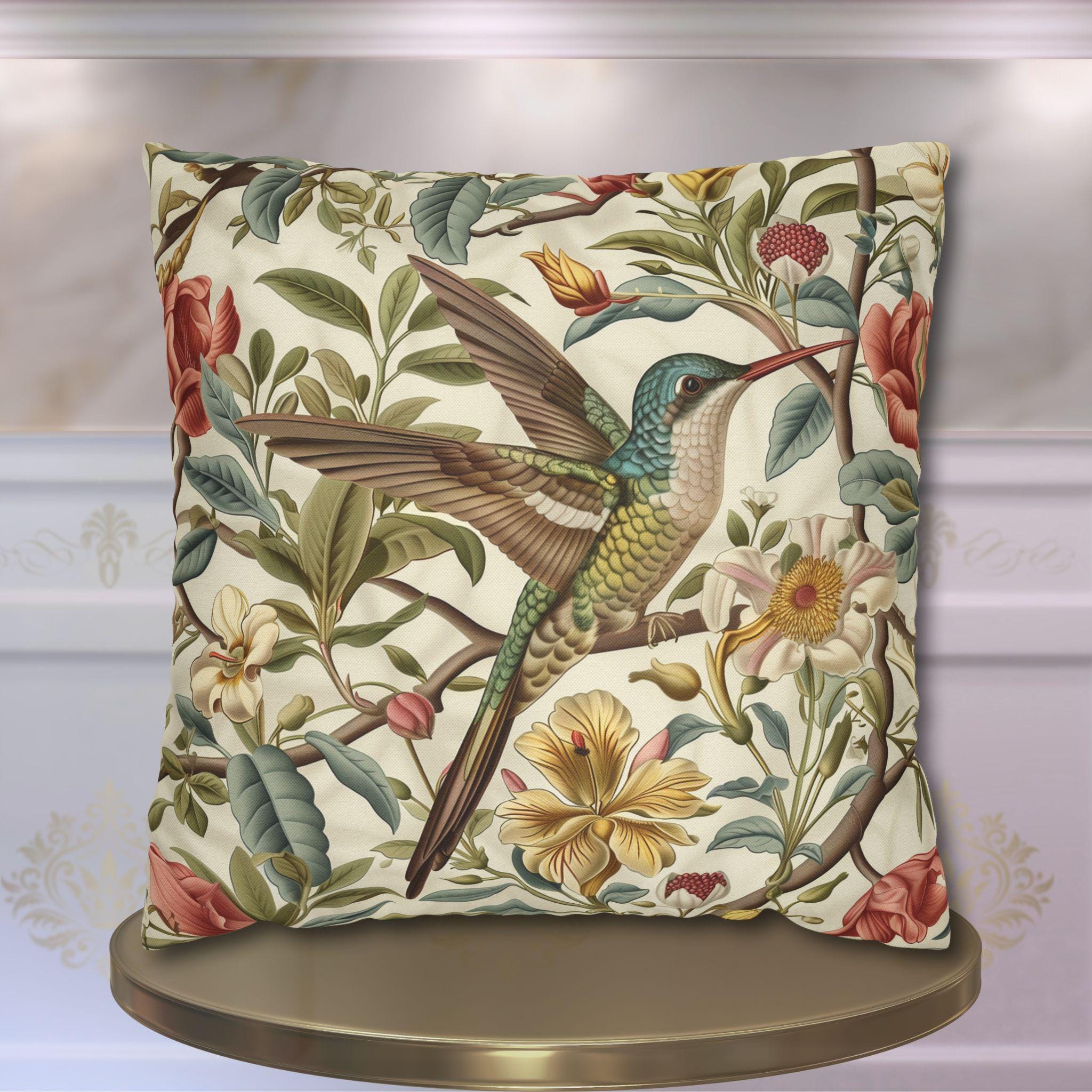 Elegant William Morris Hummingbird Floral Pillow Cover: Vintage Botanical Cushion for Home Decor