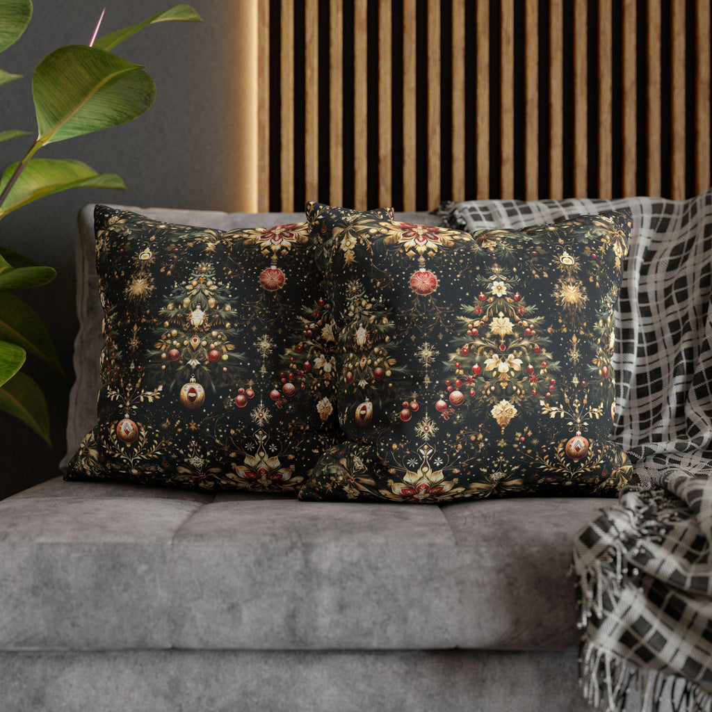 Christmas Tree Pillow Cover: Luxe Gold Red & Green on Deep Charcoal Holiday Decor