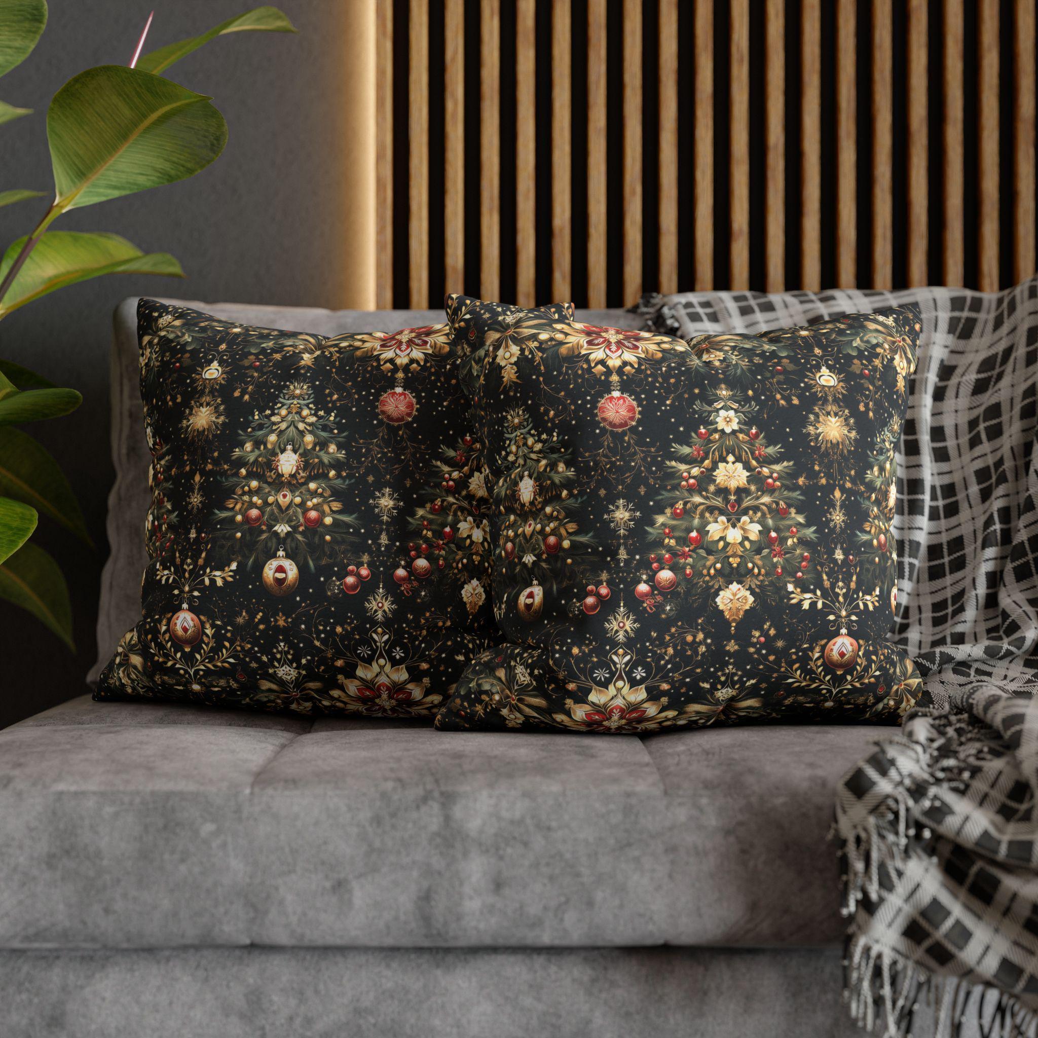 Christmas Tree Pillow Cover: Luxe Gold Red & Green on Deep Charcoal Holiday Decor