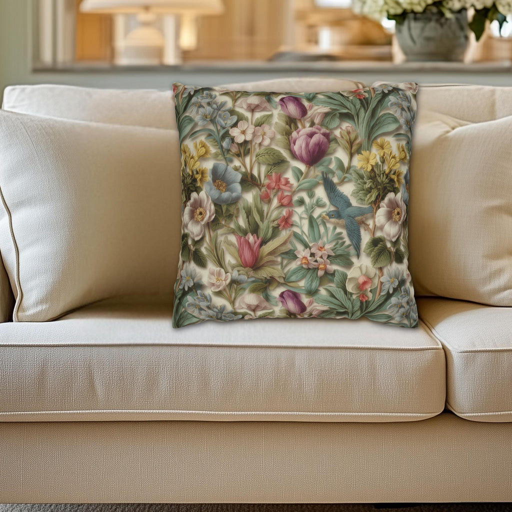 Stylized Botanical Pillow Cover: Floral & Songbird Garden in Soft Pastels