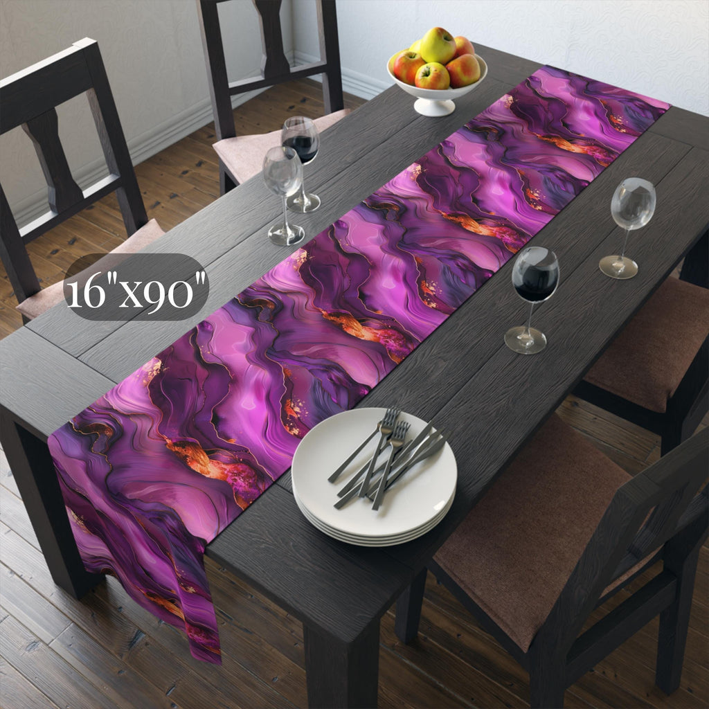 Abstract Plum Table Runner: Waves of Amethyst with Copper Fire Colored Accents