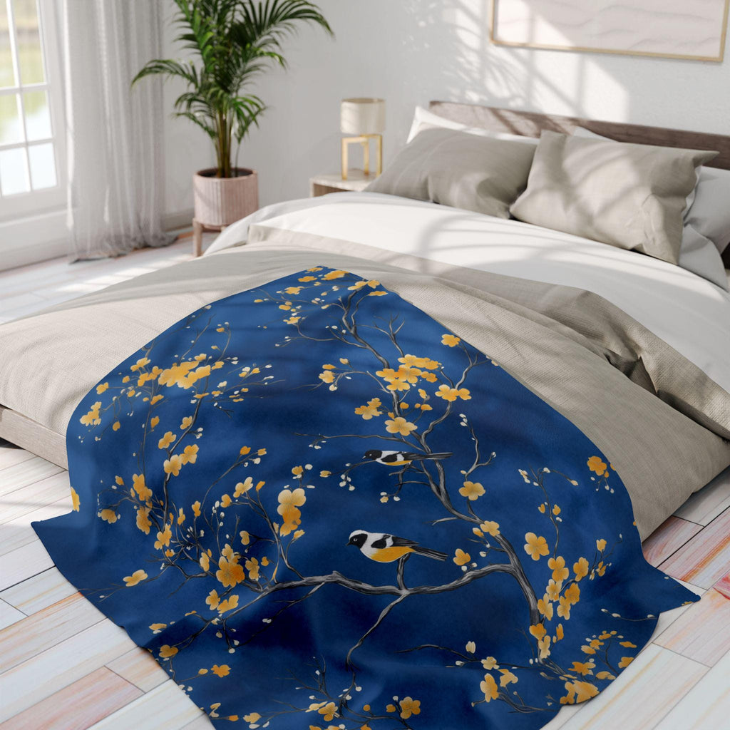 Royal Blue Chinoiserie Throw Blanket: Elegant, Asian-Inspired with Yellow Blossoms and Birds