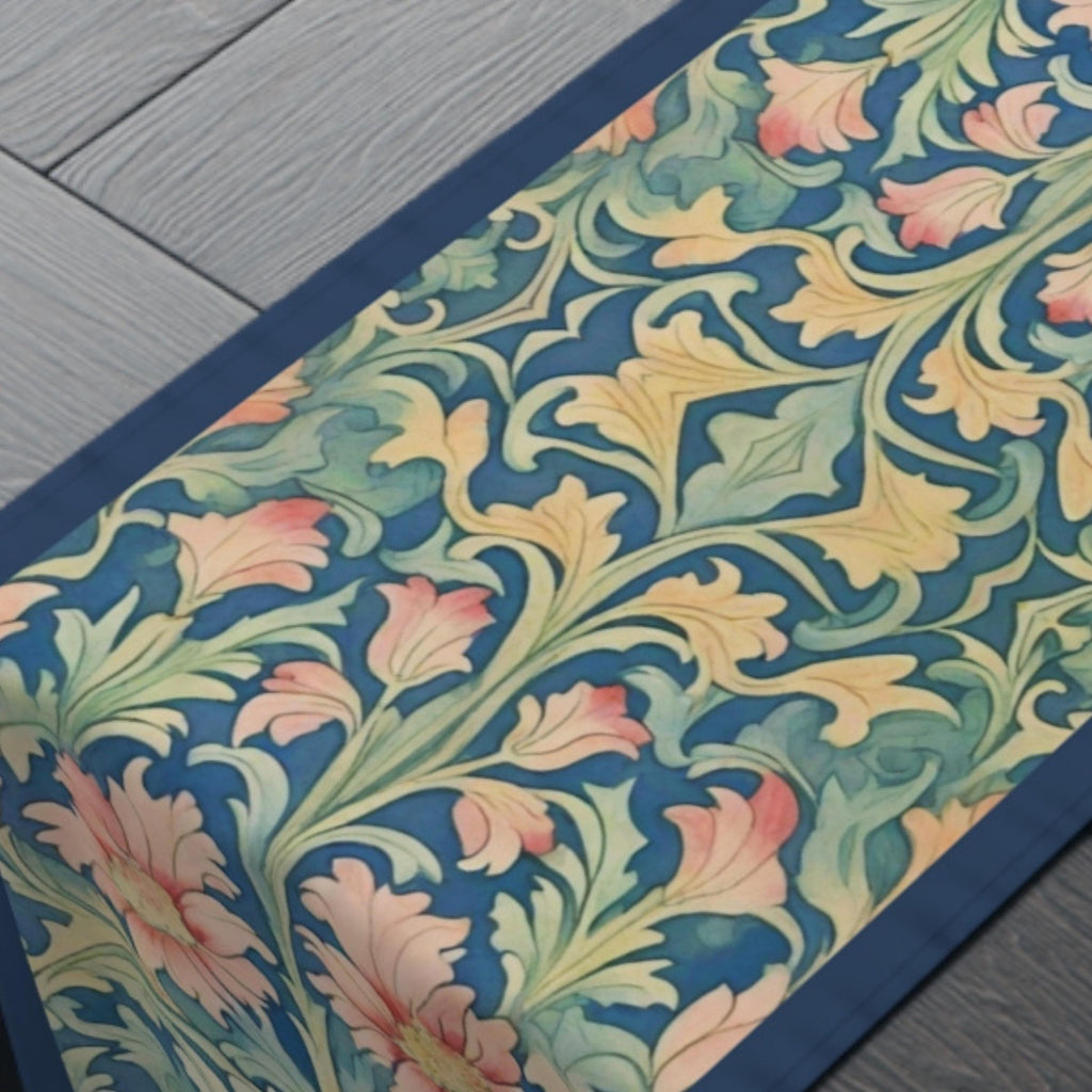 William Morris Pimpernel-Inspired Table Runner: Modern Blue & Coral Pink Botanical