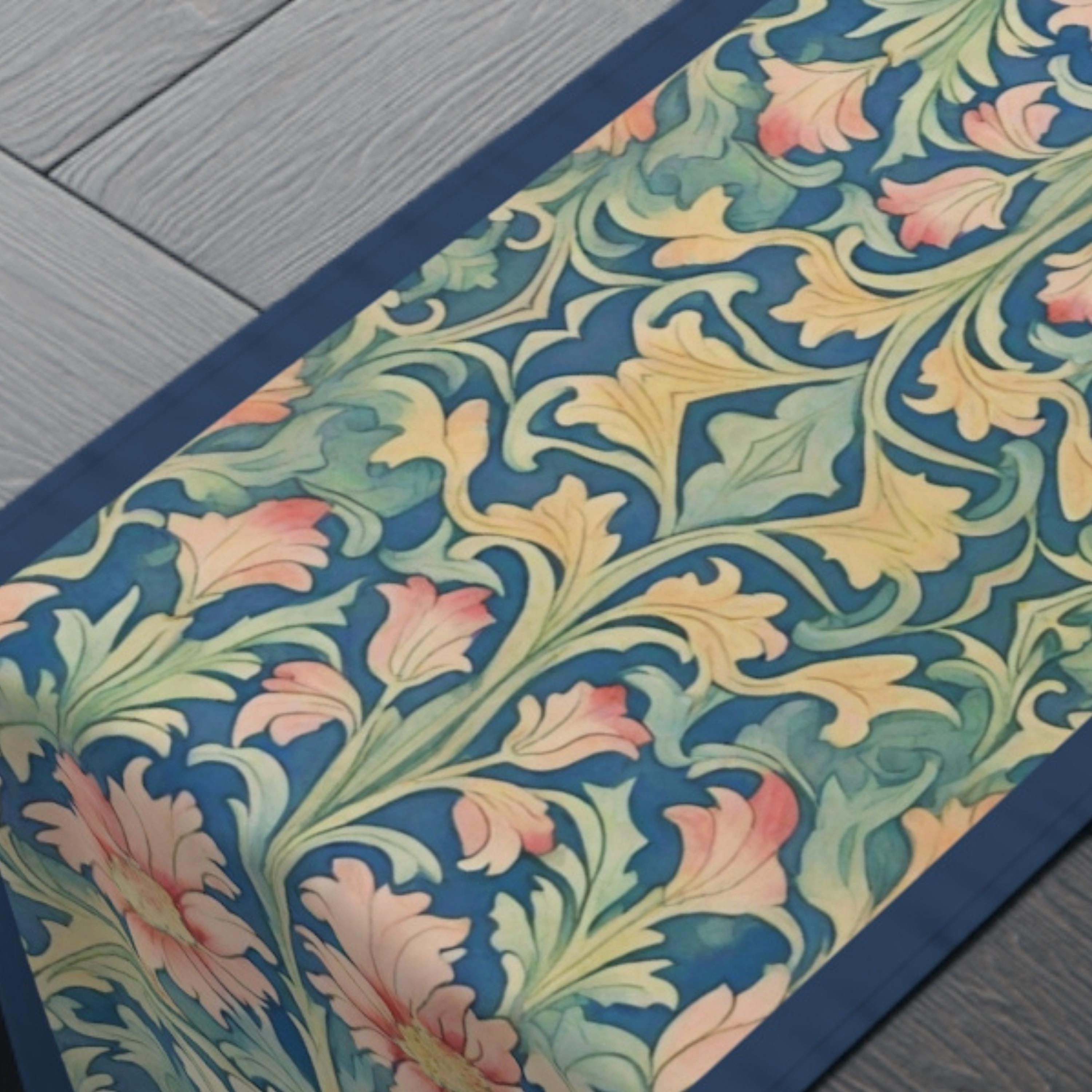 William Morris Pimpernel-Inspired Table Runner: Modern Blue & Coral Pink Botanical